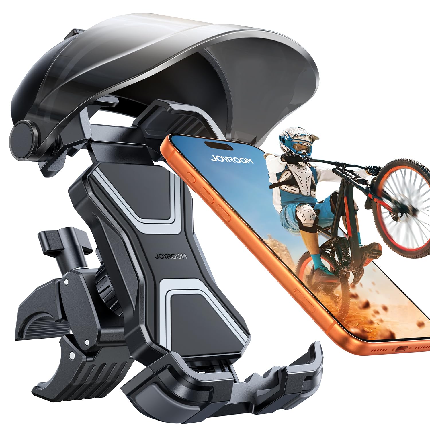 JOYROOM バイク スマホホルダー 【2026新登場 サンバイザー付き】 自転車 スマホホルダー 日除け サンシェード バイク用 携帯ホルダー オートバイ用 スマホスタンド マウント簡単取付 片手操作 落下防止 防振 振動防止 強力保護 iPhone androidなどに対応