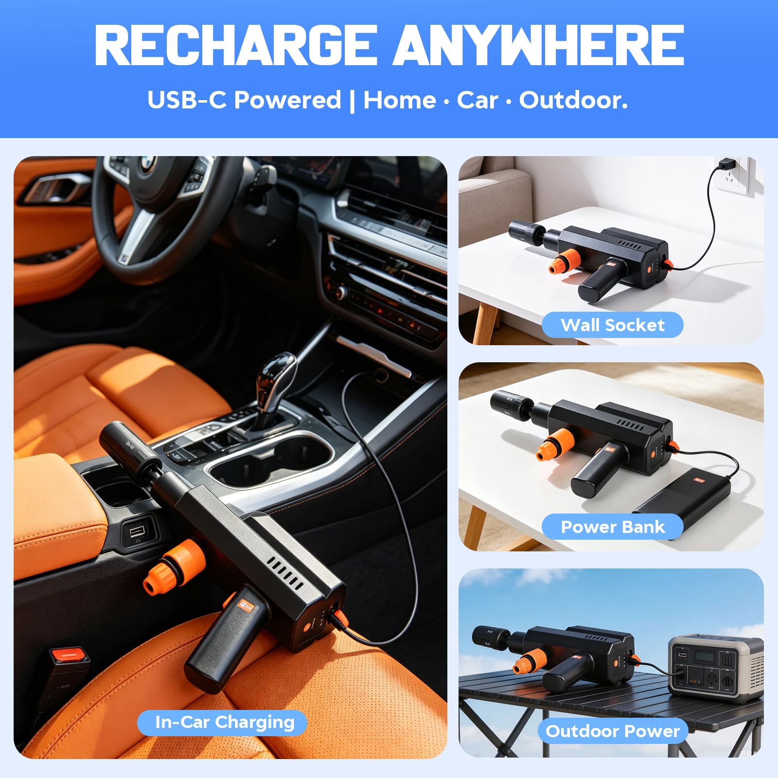 Idropulitrice Portatile Senza Fili 12000mAh, 4 Livelli di Pressione | Ricarica USB-C e Alimentazione Auto 12V, Ugello 5 in 1, Tubo 5 m, Serbatoio Schiuma, Valigetta per Auto, Bici e Giardino