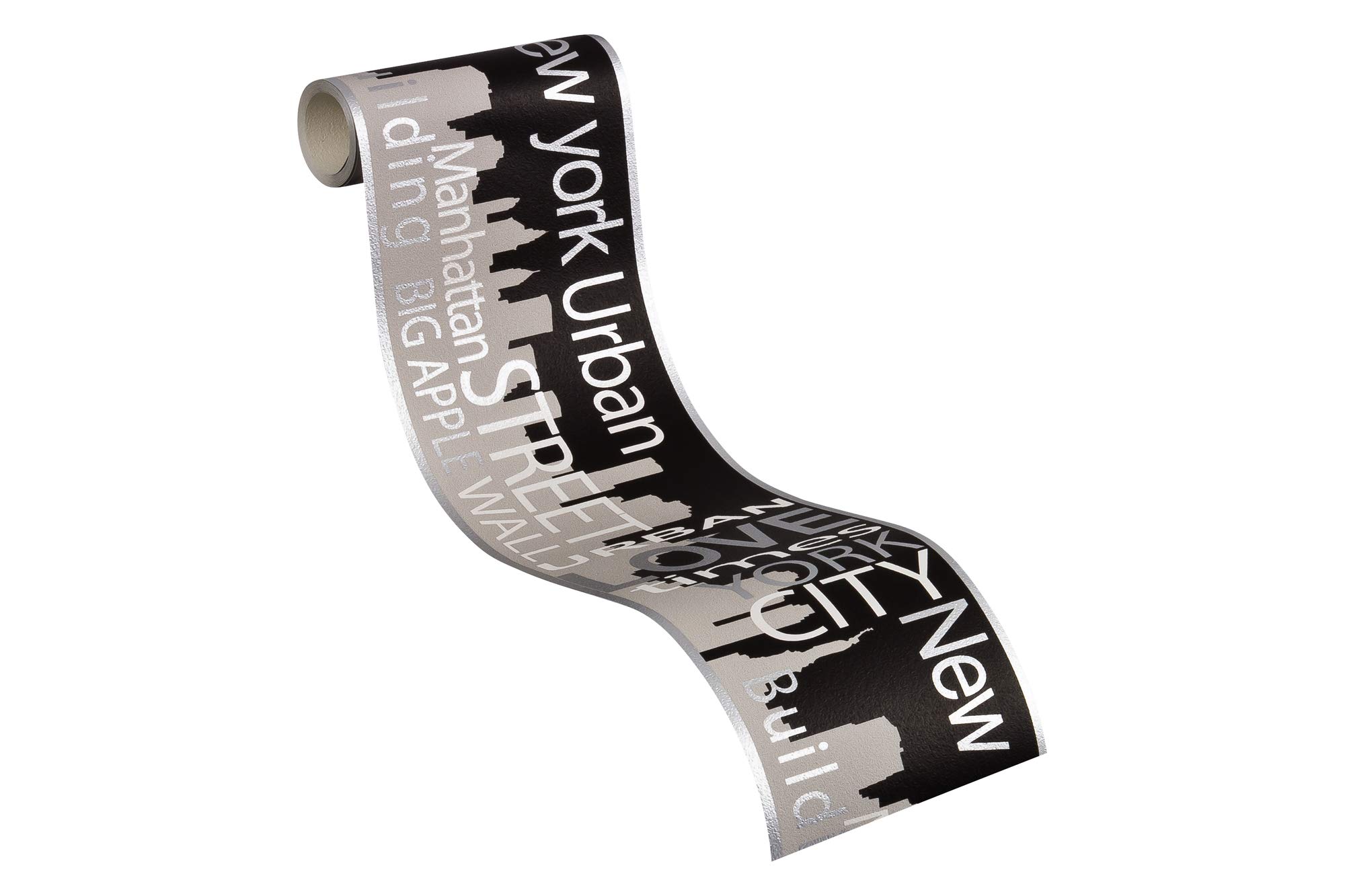 A.S. Création Bordüre New York City für Kinderzimmer - Grau Metallic Schwarz Schlafzimmer Wohnzimmer Küche - Städte Skyline NYC (Packung mit 4)