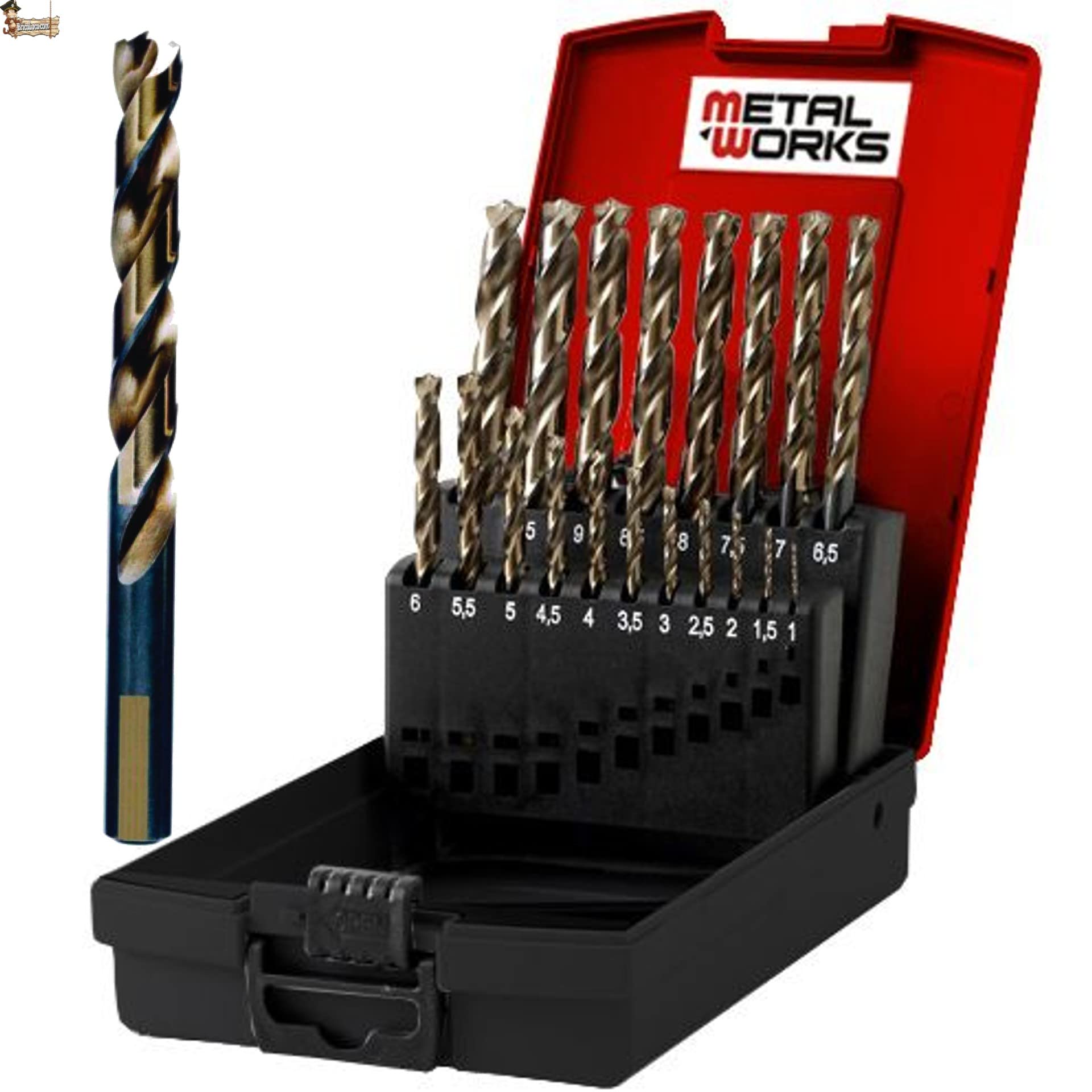 BricoLoco.com Kit estuche Brocas metal acero rápido HSS-G. Juego 19 brocas mango cilíndrico antideslizante. Autocentradora. Ángulo corte 135º. Alto rendimiento industrial. (19 BROCAS (1-10x0,50))