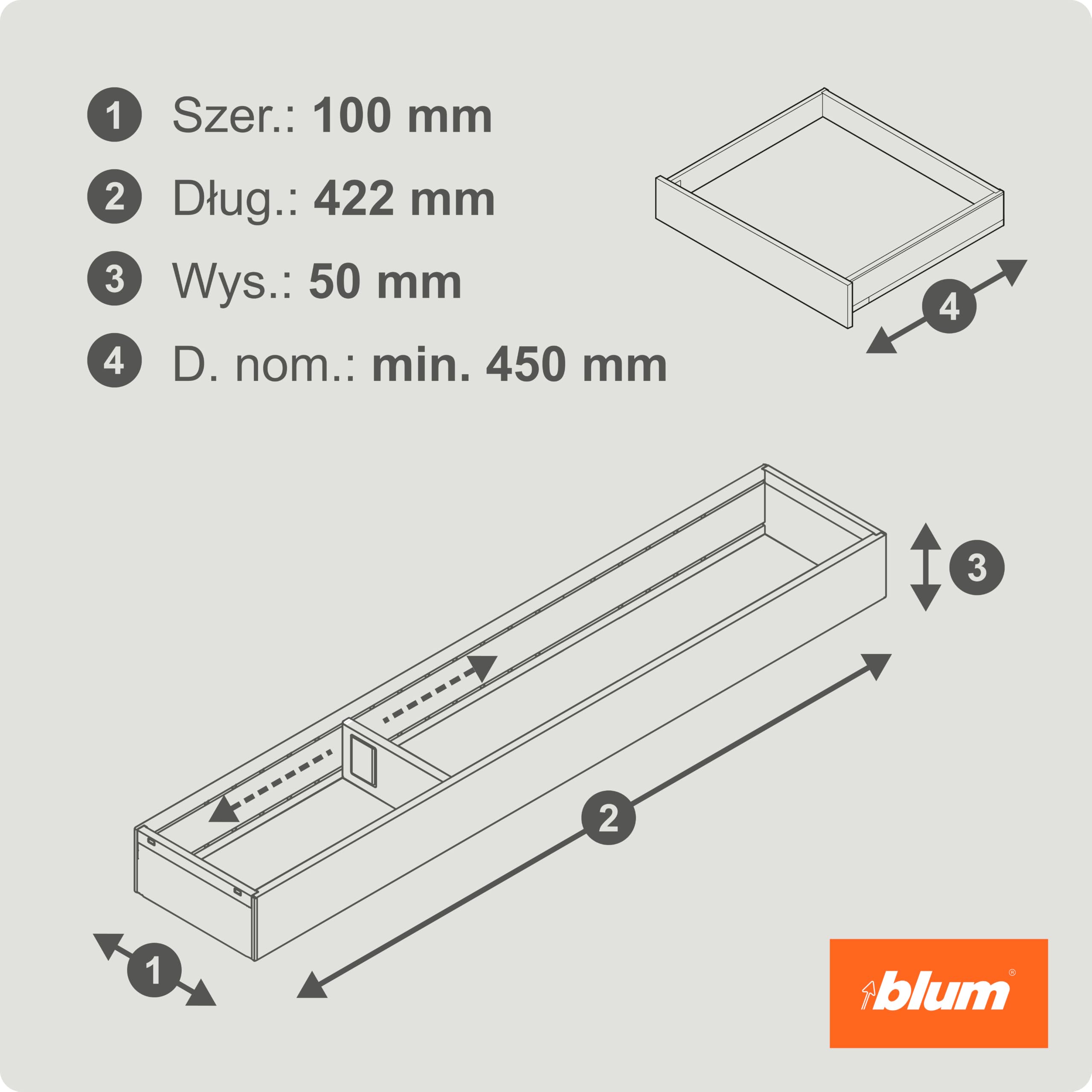blum AMBIA-LINE organizer szuflady ze stali lakierowanej proszkowo | idealny do kuchni, łazienki i pokoju | rozszerzalny modułowo | 42×10×5 cm | z płytką magnetyczną | Szary Orion