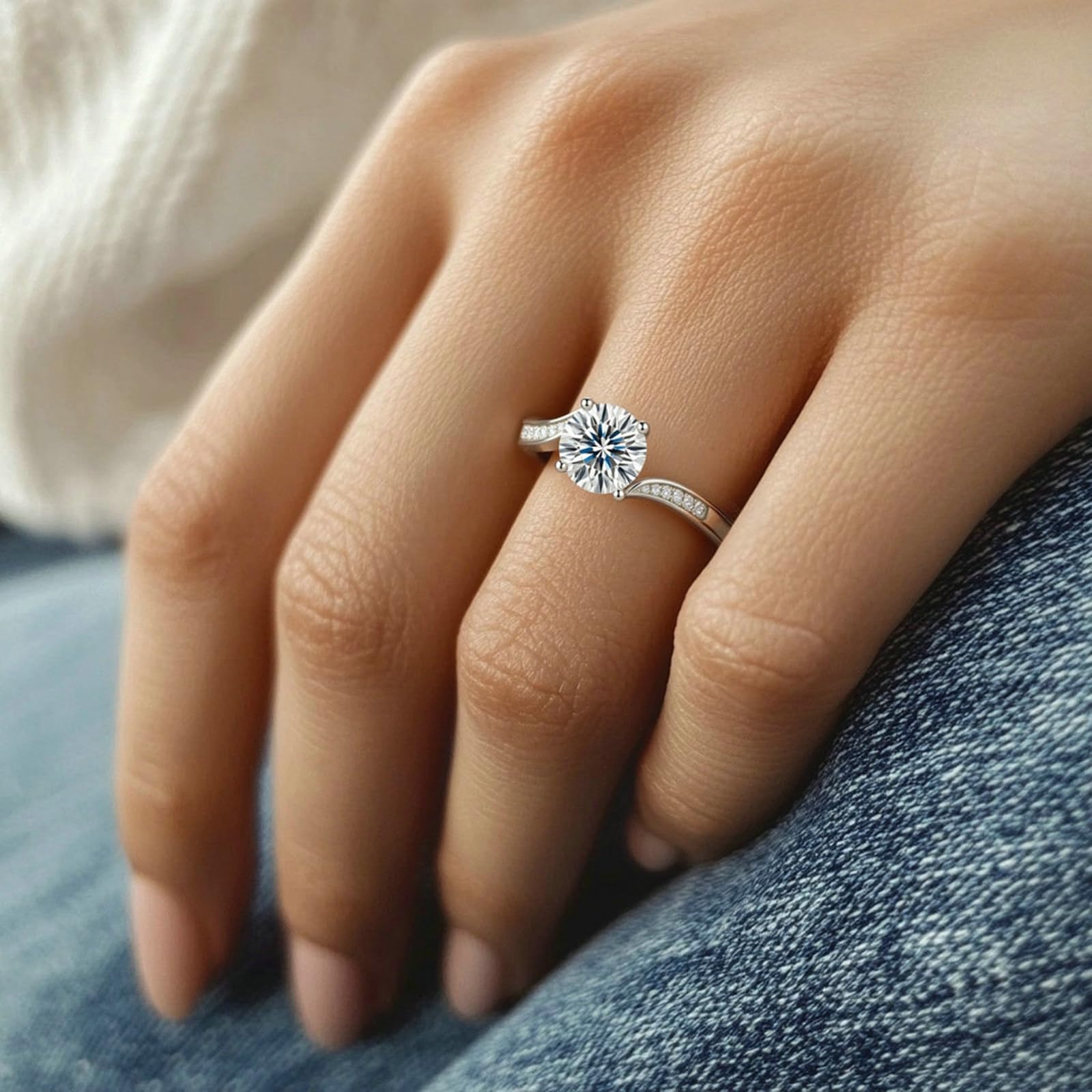 Anello Fede Nuziale, Oro Bianco 9K 14K 18K Anello di Fidanzamento a Fascia Intrecciata con moissanite