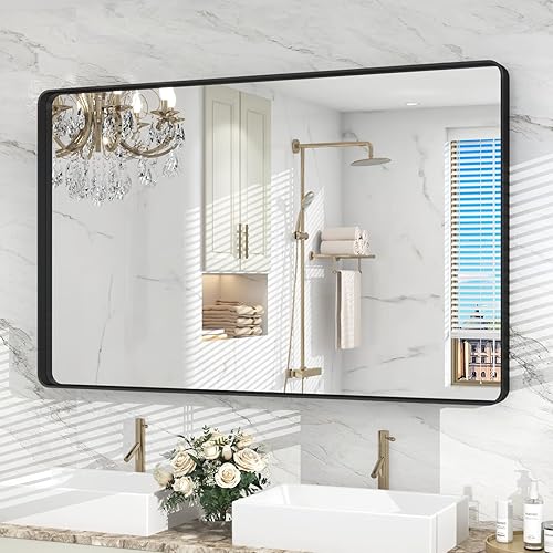 Miniatura 94 de Espejo de baño con marco negro de 20 x 30 pulgadas para pared, espejo de pared con marco de metal mate, espejo rectangular de esquina redondeada