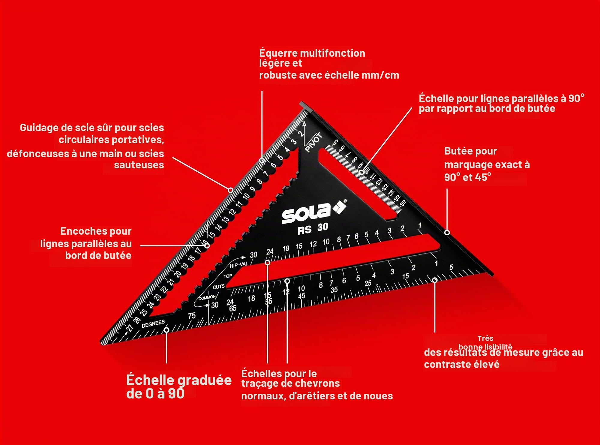 SOLA - Équerre de Charpentier RS 30-5 en 1 - Butée de 30 cm - Menuisier Robuste en Aluminium - Multifonction: Règle, Angle de Butée, Onglet, Échelle Métrique