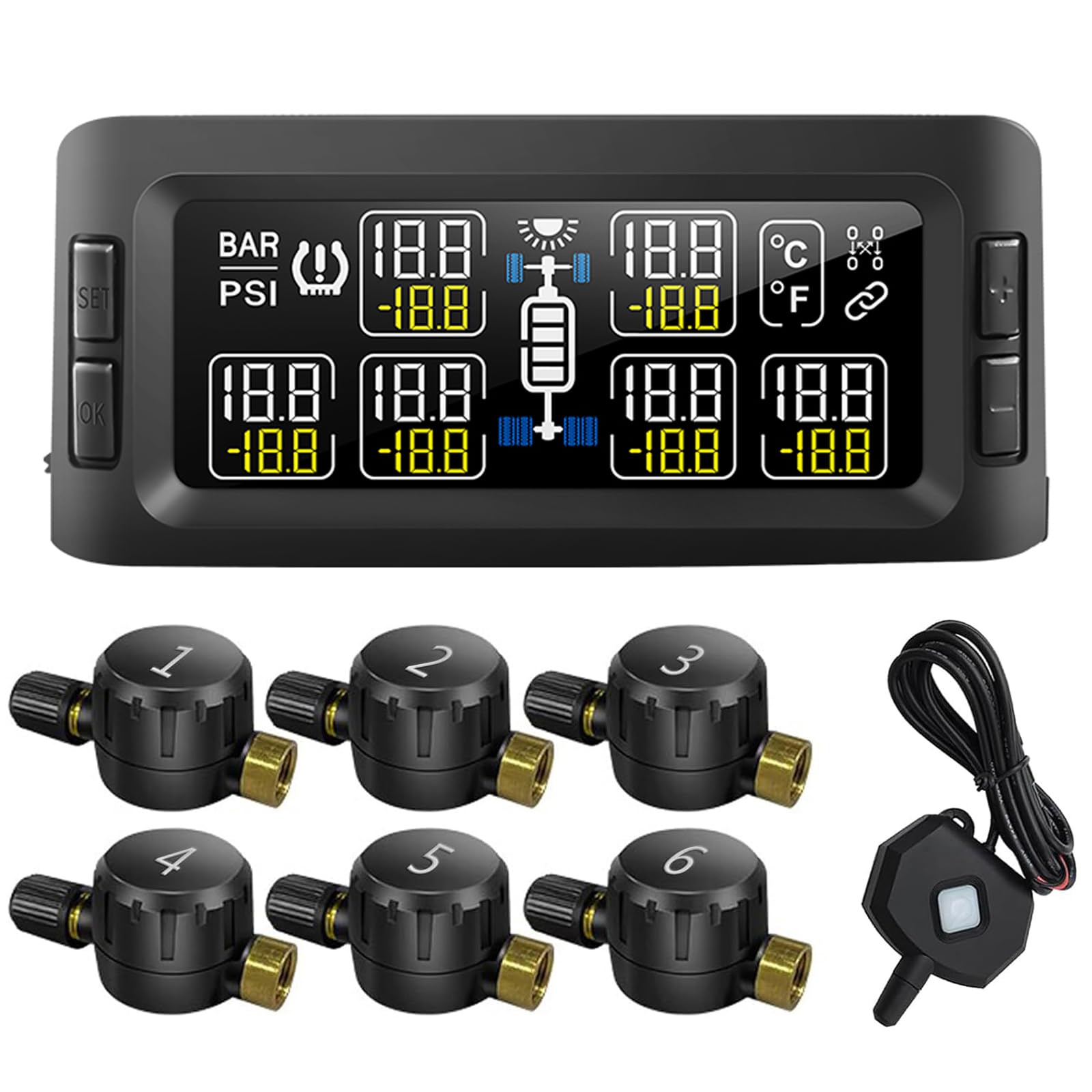 B-Qtech Trailer RV TPMS Solar Tire Pressure Monitoring System with 6 Flow Thru Sensors & Signal Repeater, 7 Alarm Modes Real Time Display Pressure Tempereture for RVs Trailers Bus Motorhome Truck