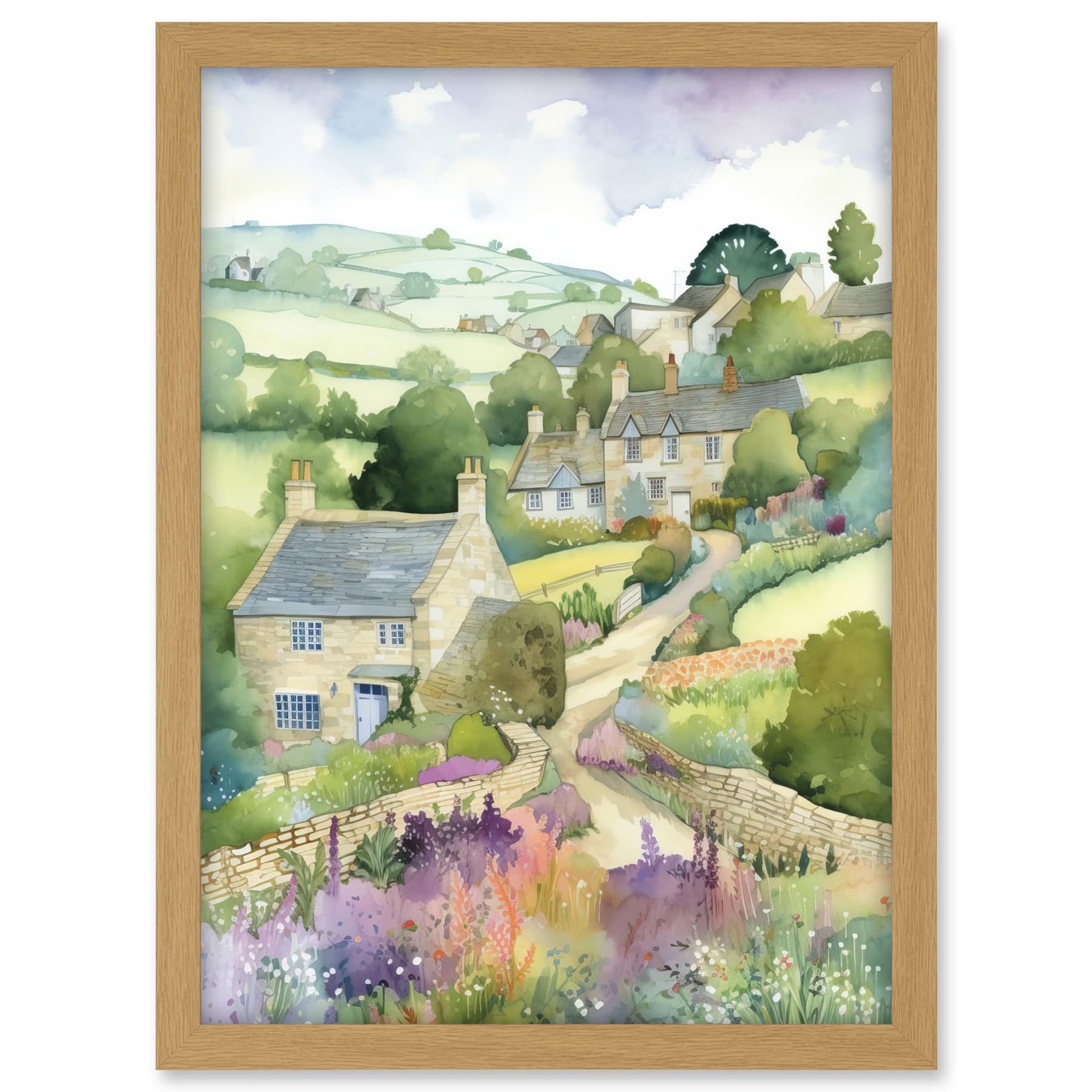 Artery8 Countryside Spring Landscape with Cottages Modern Watercolour Painting Artwork Framed A3 Wall Art Print