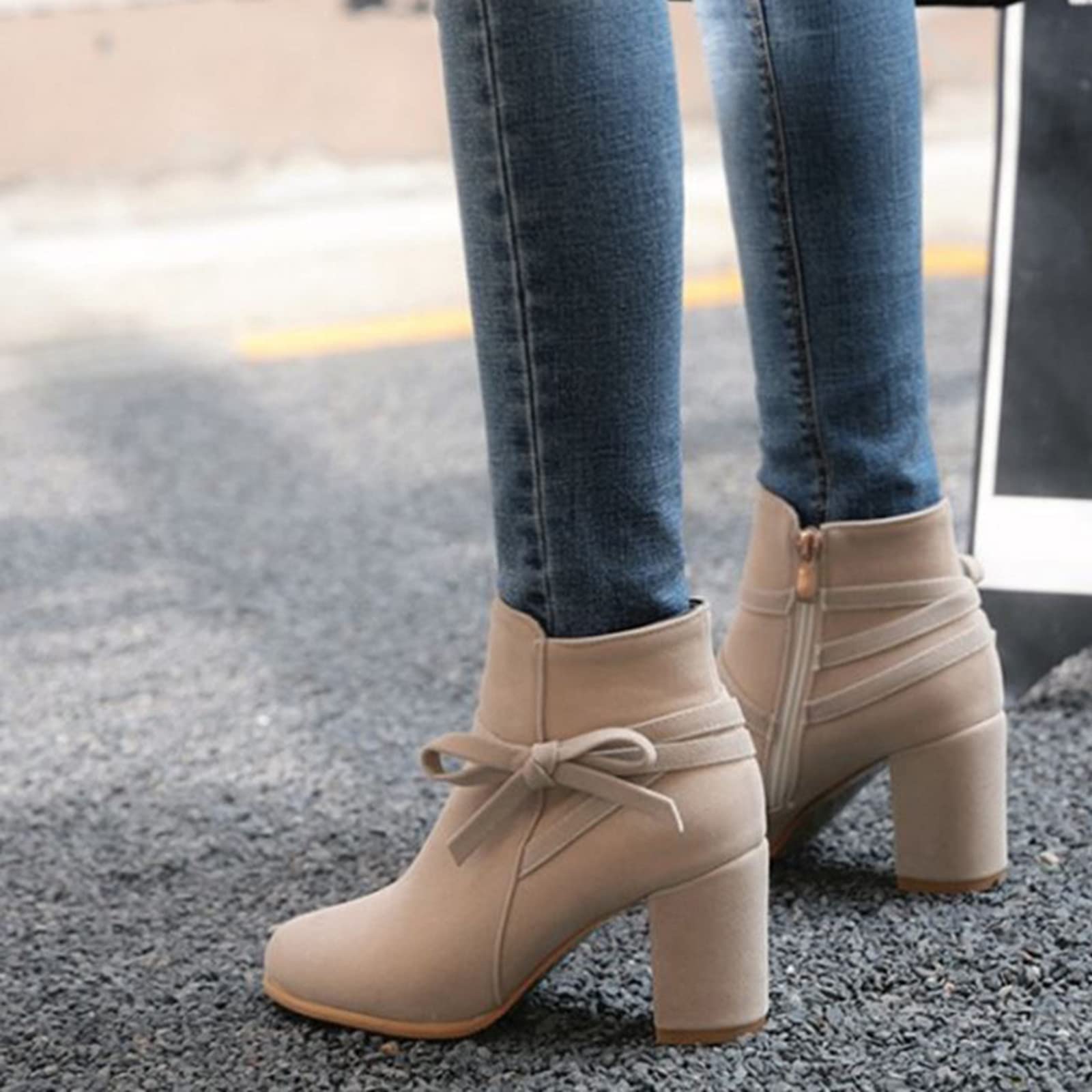 Onewus Damen Stiefeletten mit Blockabsatz und Schleife Reißverschluss