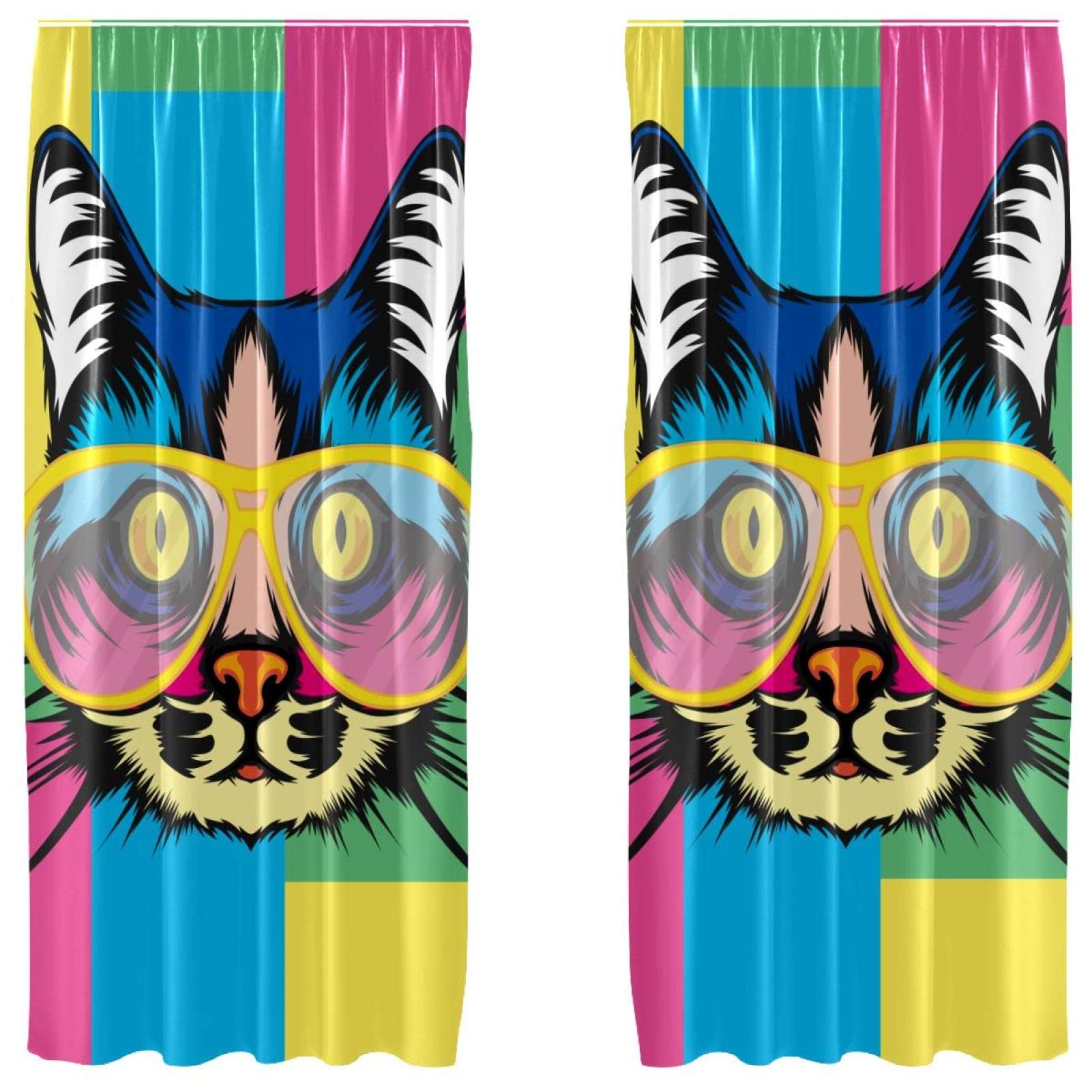 Rideaux de fenêtre Art Chat colorés 140x213 cm | Lot de 2 drapés décoratifs pour salon