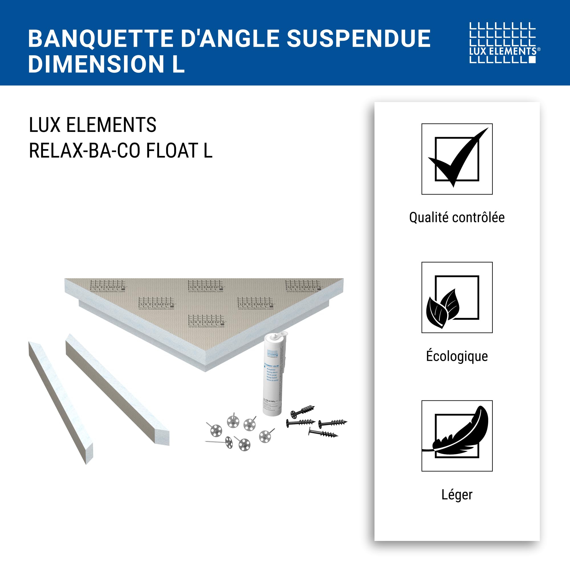 LUX ELEMENTS Banquette de Douche d'angle prêt à carreler 84,9 x 60 x 10cm I Banc en Mousse Dure à 3 Angles I pour Utilisation en Angle I Suspendue