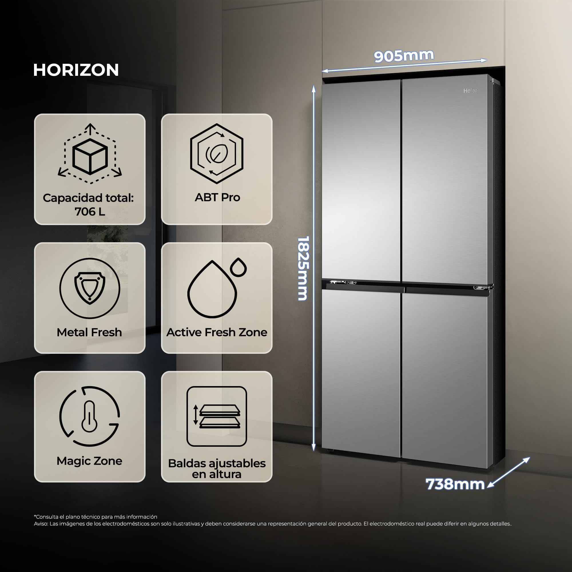 Haier Horizon Collection HCR59F18DNMM - Frigorífico Americano 706L, 4 Puertas, Antibacterias ABT, Motor Inverter, Magic Zone, Total No Frost, Ancho 90,5 cm, Alto 182,5 cm, Metal Fresh, Inox