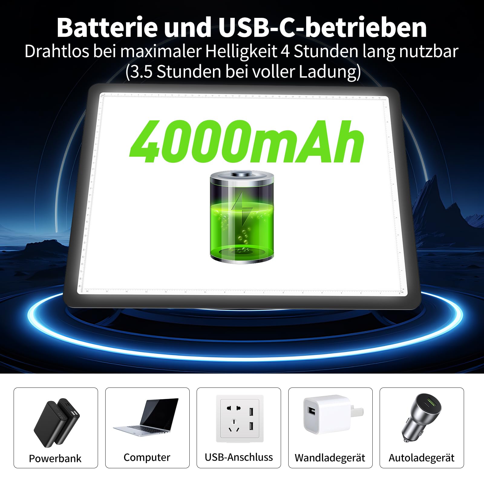 Phylosal Wiederaufladbares A3 LED-Lichtpad für Diamantmalerei, Ultradünnes Magnetisches Spurlicht für Zeichnen, Diamant-Kunst-Lichttafel mit Seitenknopf, Superhelles Lichttisch für Skizzieren (Schwarz