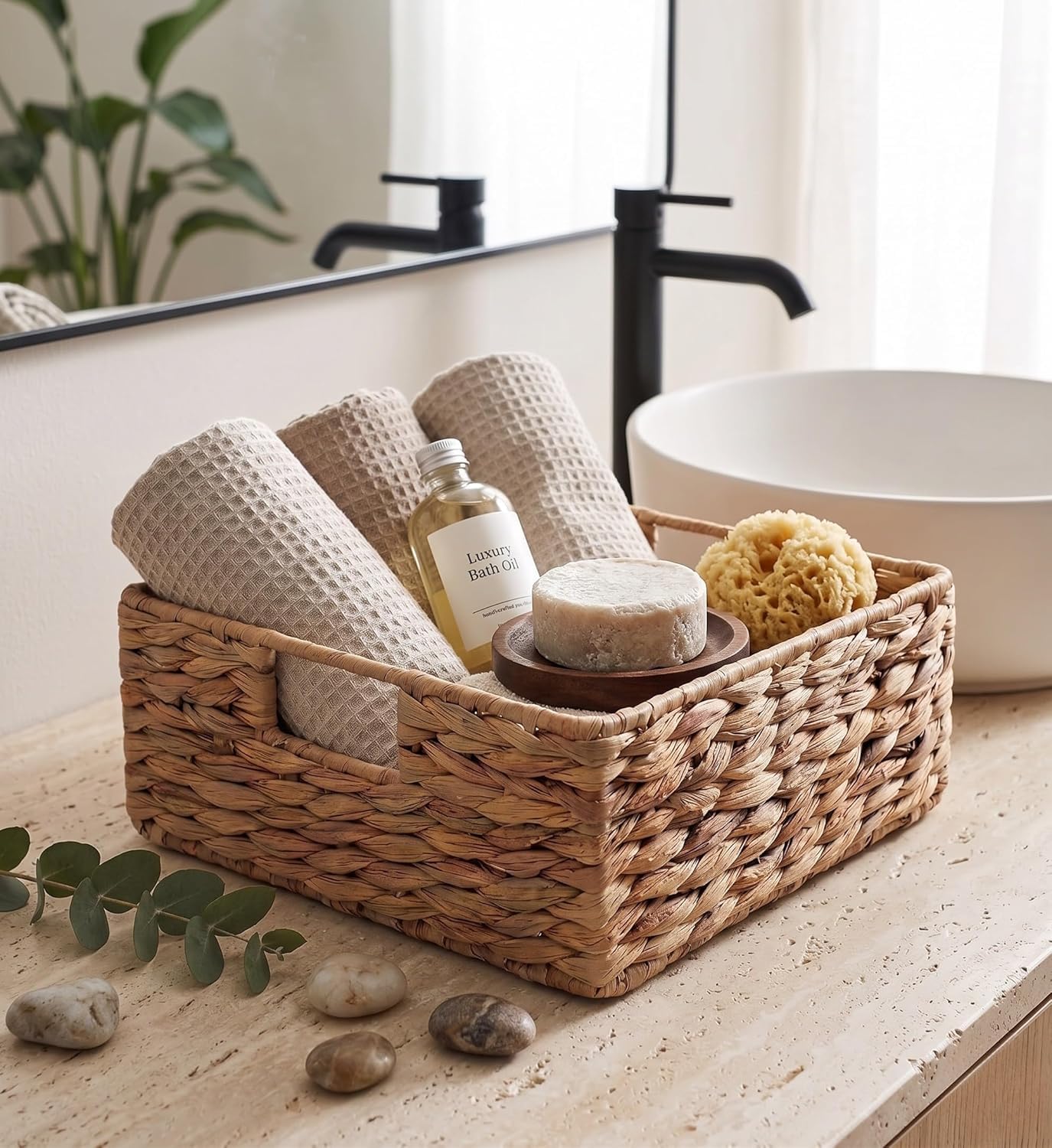 Cesto portaoggetti naturale in giacinto d'acqua, intrecciato a mano, rettangolare, elegante ordine per la casa, 28 × 28 × 11 cm (2)