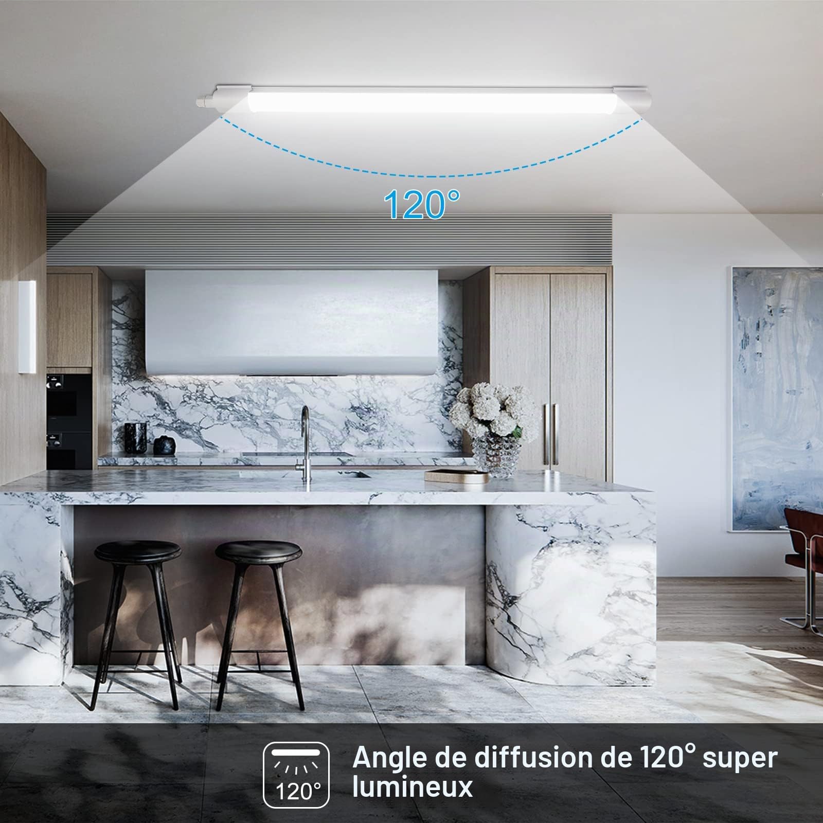 2pcs Neon LED 120CM, Tube 36W 4000LM Plafonnier IP65 Étanche, Reglette Éclairage pour Atelier, Garage, Sous Sol, Salle de Bain, Cave, Bureau - Blanc Neutre 4000K