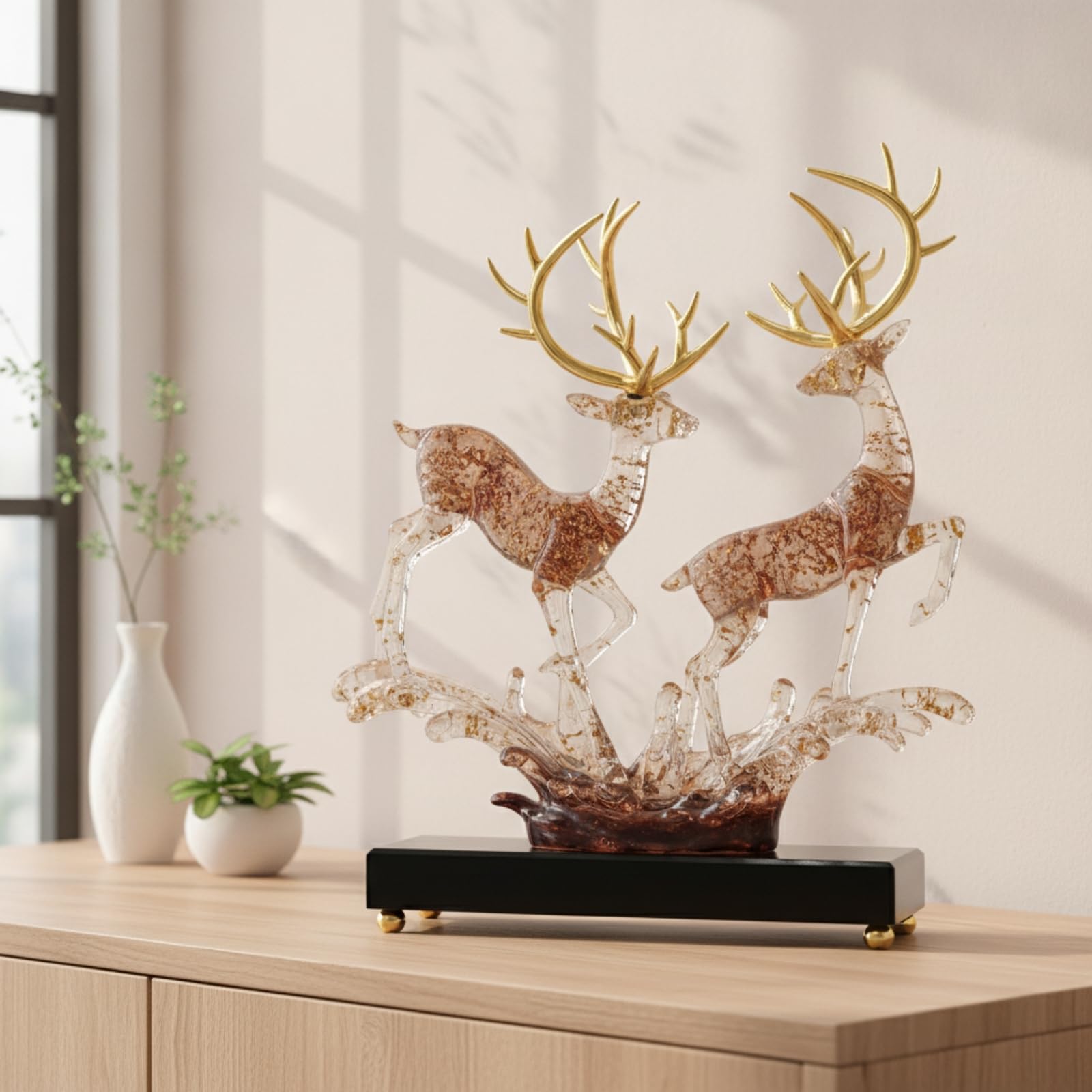 Figurine Escultura de Ciervo Adorno Figura Estatuilla en Resina con Brillo Translúcido y Movimiento Adecuada para Escritorio, Pareja De Ciervos De Cristal con Lámina De Oro