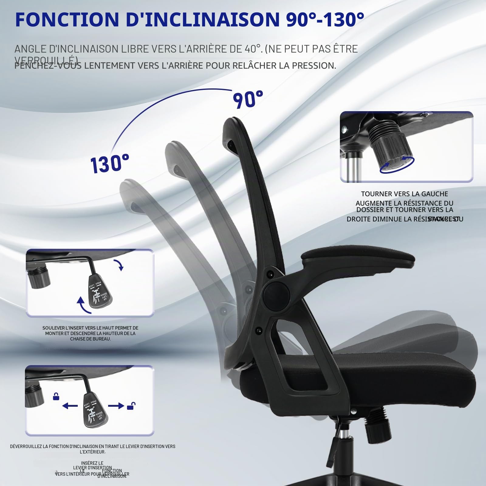 Milacyee Chaise de Bureau Ergonomique, Accoudoirs Rabattables 90°, Support Lombaire, Maille Respirante, 120° Inclinaison（Ne Peut Pas être verrouillé）, Roues Silencieuses 360°, Charge 102kg