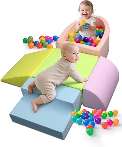 Baby Climbing Blocks, Soft Play Set for Crawling Baby 6-12 Months, Anti-Slip Particles Bottom & Velcro Connectors, High-Density Foam Gym with Soft Fabric Cover (Balls not Included) (Color)