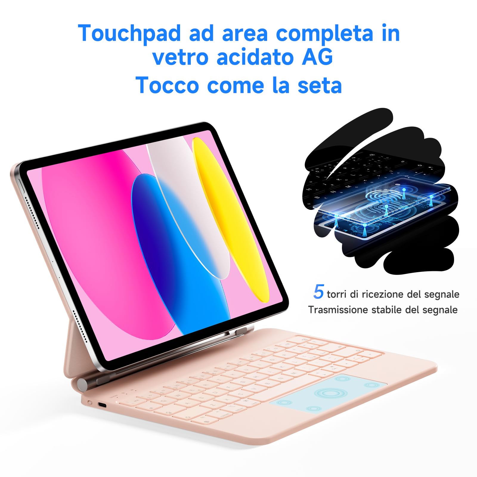 HOU Tastiera per iPad 10 Generation, Supporto Magnetico, Trackpad Muti-Touch, Retroilluminazione a 7 Colori iPad 10 Generation 2022 Cover Protettiva con Tastiera, Layout italiano, Rosa