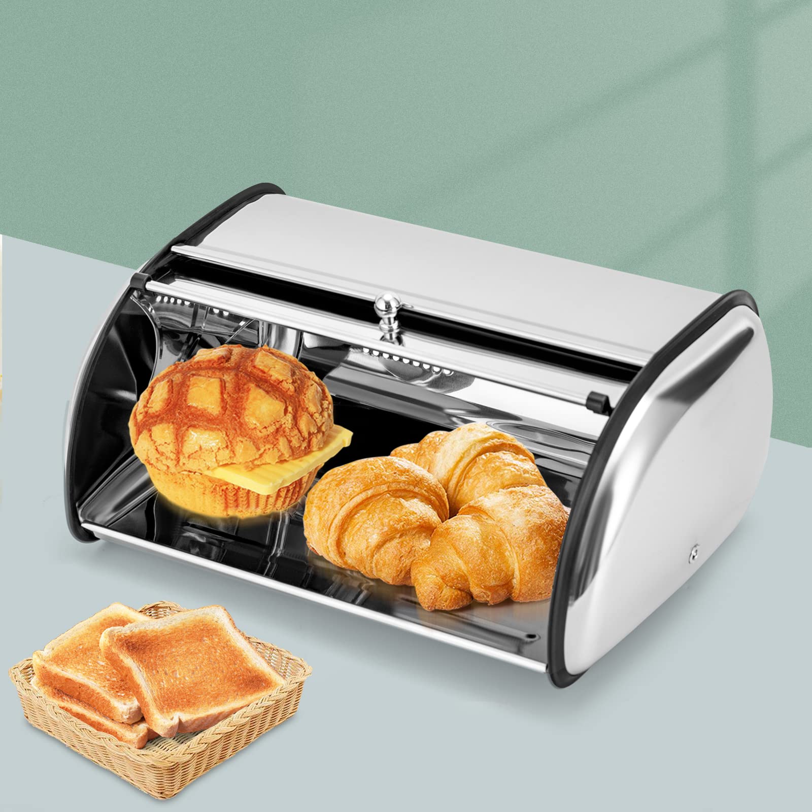 GMSLuu Contenitore Per Il Pane In Acciaio Inox, Con Coperchio Arrotolato E Fori Di Ventilazione Per La 906708