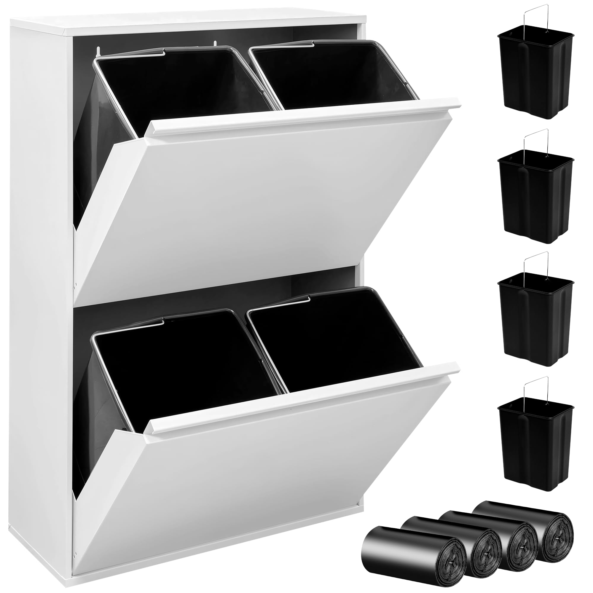 JUPPLIES Cubo de Basura Cocina Reciclaje de Acero con 4 Compartimentos | 4x17 (68L) | Mueble Contenedor de Reciclaje Metálico con 2 Cajones Abatibles para Casa u Oficina | 90,5x58,5x52cm