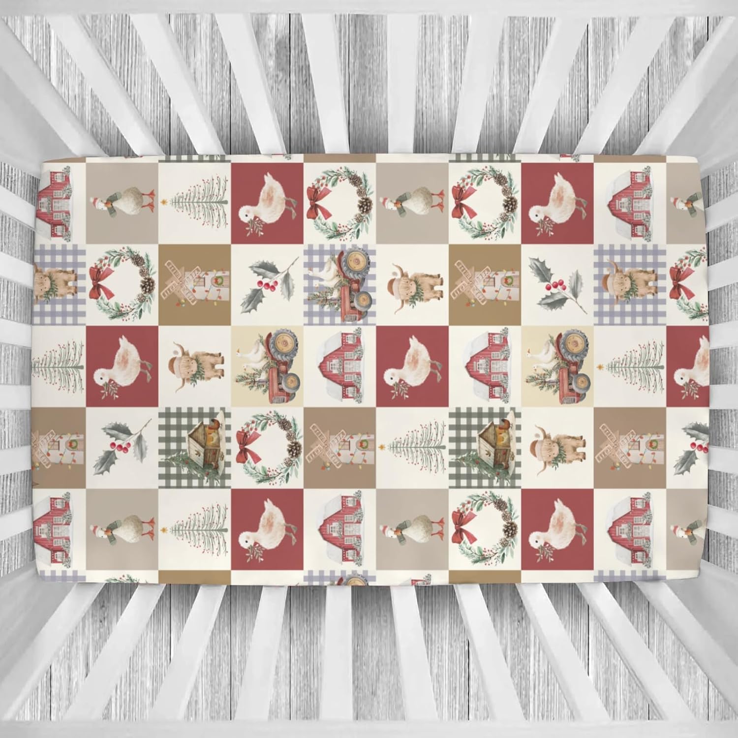 Christmas Farm Animals Patchwork Baby Crib Sheets Highland Cow Duck Tractor Barn Fir Leaves Baby Sheet Winter Festive Holiday Farm Life Fitted Crib Mattress Cover for Standard Toddler Mattress 52"x28"