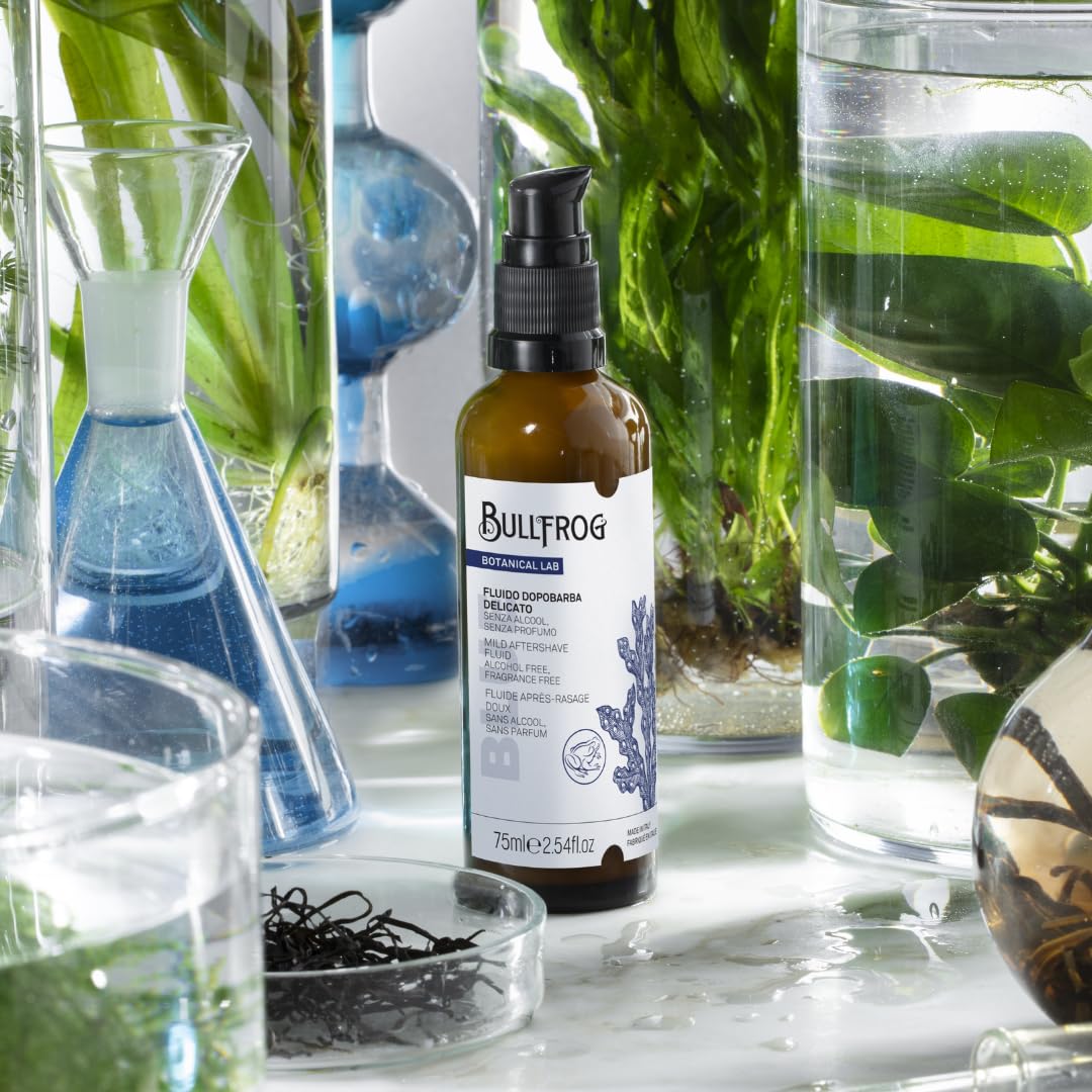Bullfrog - Fluido Dopobarba Delicato – Dopobarba Lenitivo e Idratante per Pelli Sensibili, 96,3% Ingredienti Naturali, Senza Alcol e Senza Profumo, Assorbimento Rapido, 75 ml