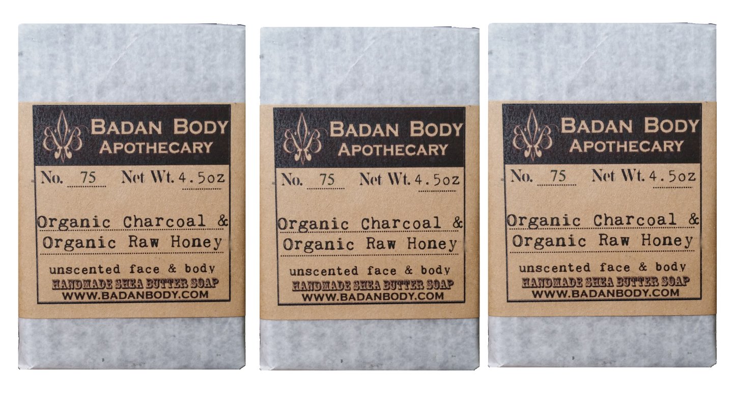 Natural Organic Activated Charcoal & Honey Acne Soap Unscented for Face and Body, Handmade with Raw Organic Honey 4.5oz (3 Bar Pack)