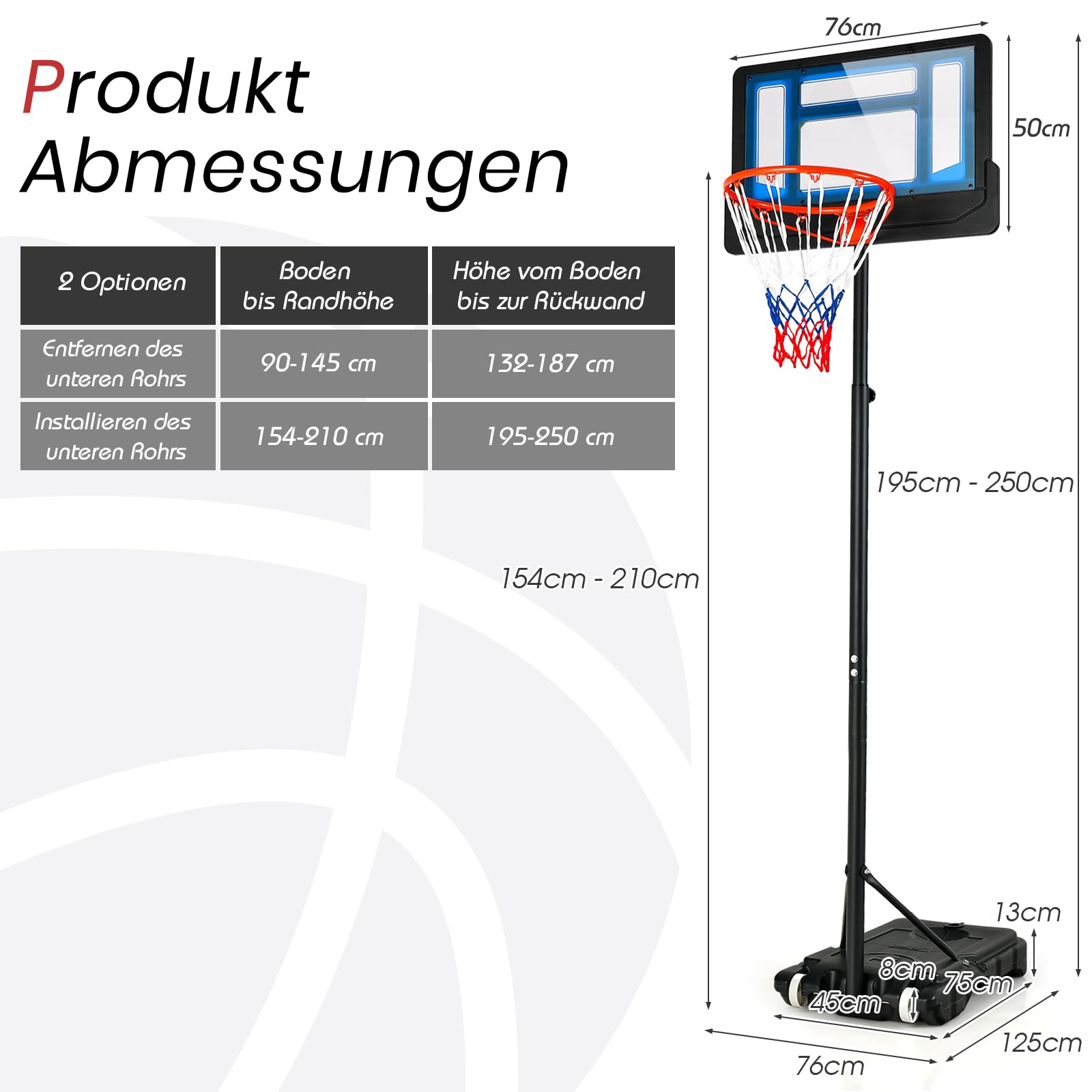 GOPLUS Basketballkorb Outdoor für Kinder Jugendliche, 90-210cm Korbhöhe verstellbar, Basketballständer tragbar mit Rollen, Basketballkorb mit Ständer und 76x50cm Rückwand