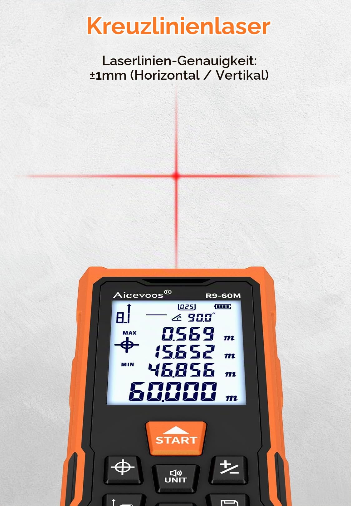 R9 Laser Entfernungsmesser Hohe Genauigkeit, 60 m, Laser-Maßband, Compaktes Laser-Messgerät mit Größerem Hintergrundbeleuchtetem LCD-Display und Kreuzlaser, ft/m/in-Umschaltung, Wasserwaage