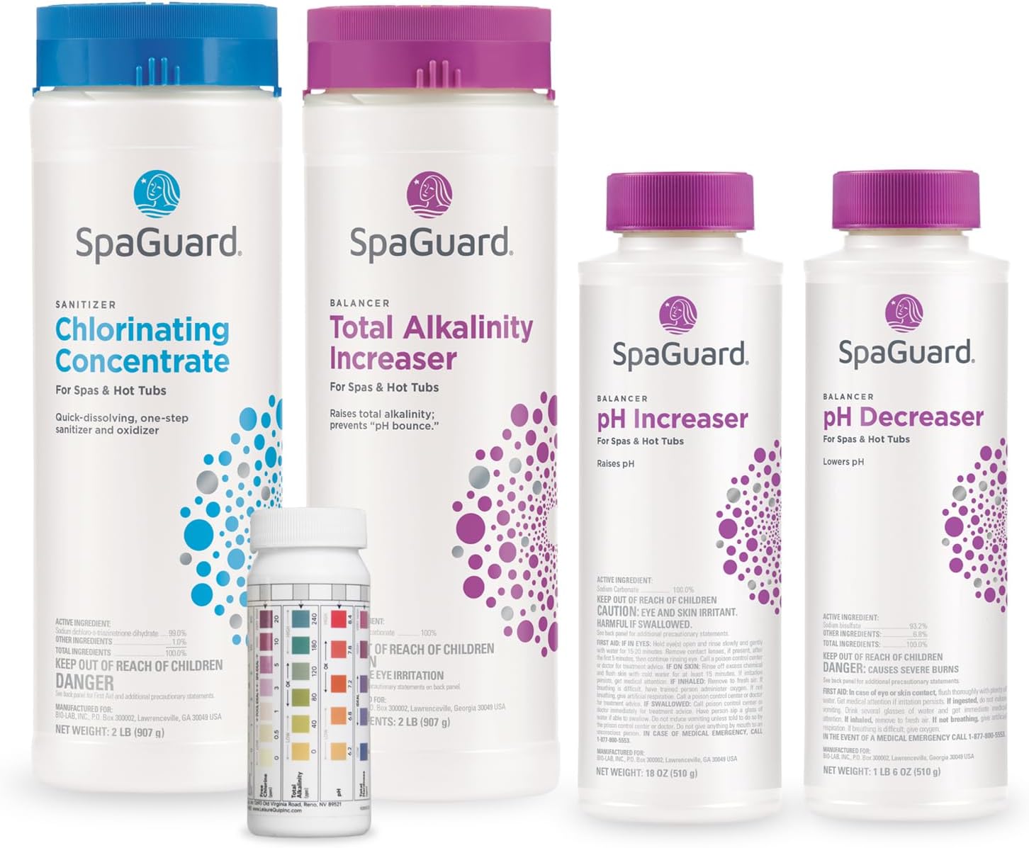 SpaGuard Hot Tub Chlorine Sanitizer & pH Balancer Chemical Startup Bundle with Test Strips
