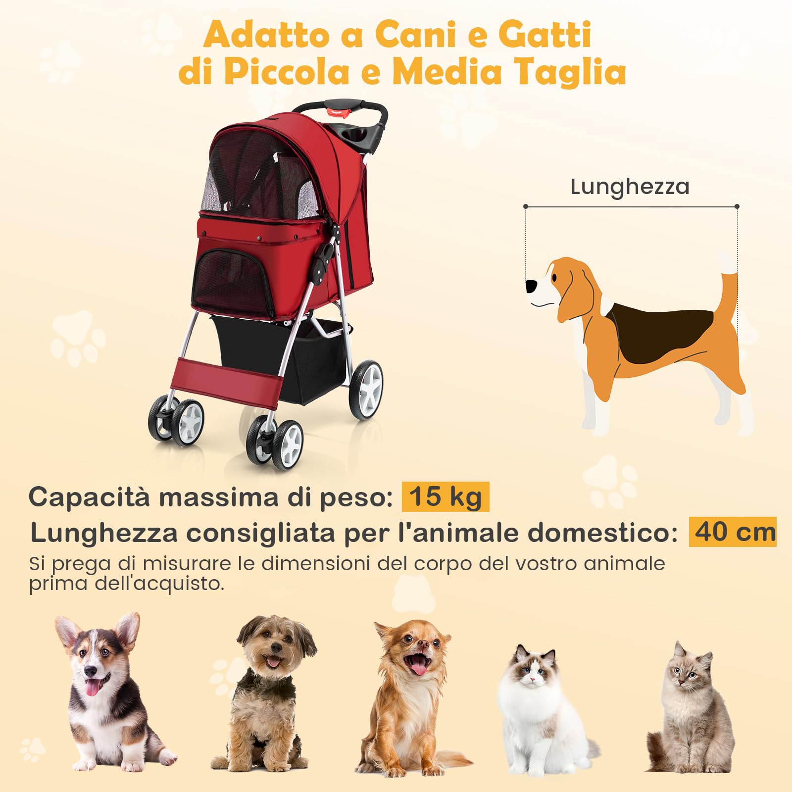 COSTWAY Passeggino per Cani, Carrozzina per Cani Pieghevole Fino a 15 kg, 4 Ruote con Finestra a Rete Porta Bicchiere e Cesto, Passeggino Portatile per Animali Piccola e Media (Rosso)