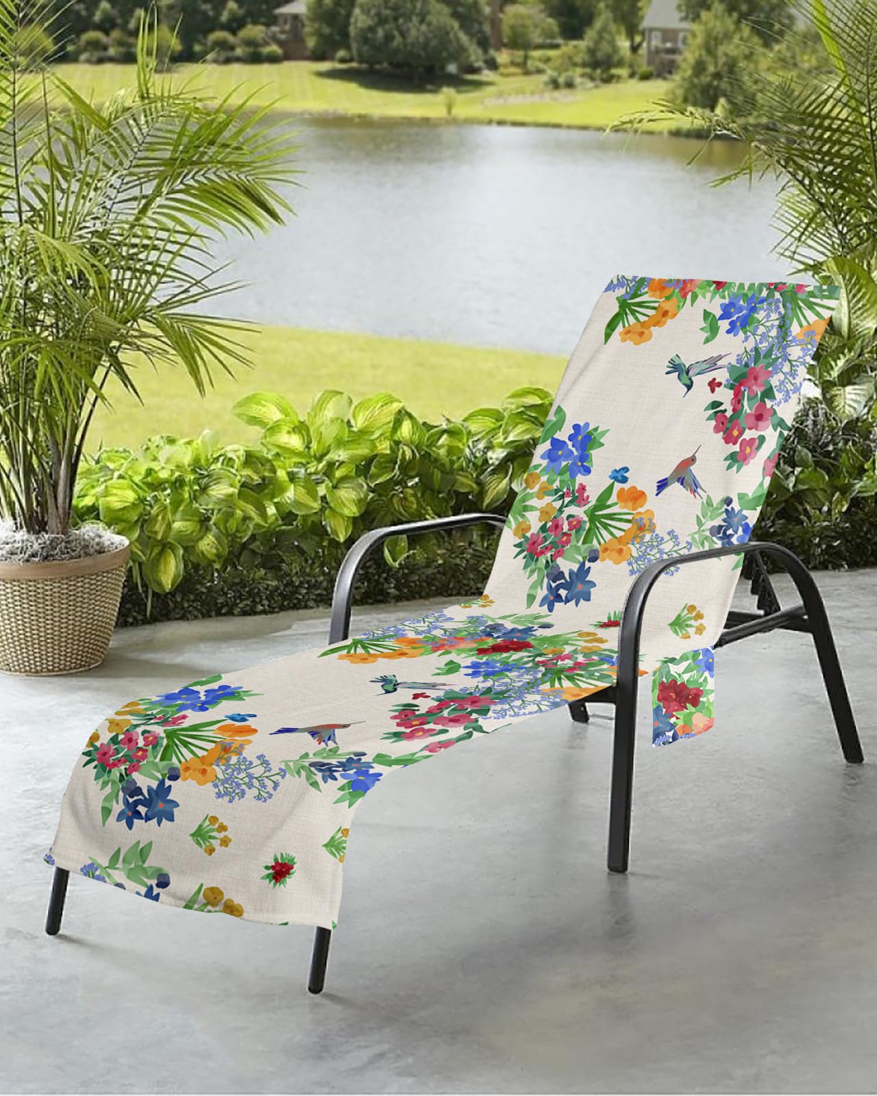 Farmhouse Plants Beach Chair Towel Covers for Chaise Lounge with Side Pocket, Soft Plush Pool Towels Cover for Patio Sunbathing Outdoor 29''x85'' Botanical Blooms Flower Leaves