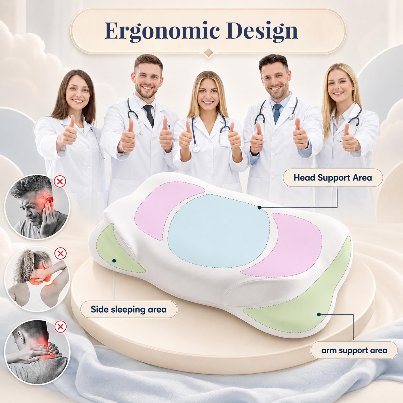 Ergonomiczna Poduszka Szyjna z Pianki Memory Foam do Spania na Boku i Plecach z Oddychającą, Zdejmowaną Poszewką, 60×37×7/10 cm