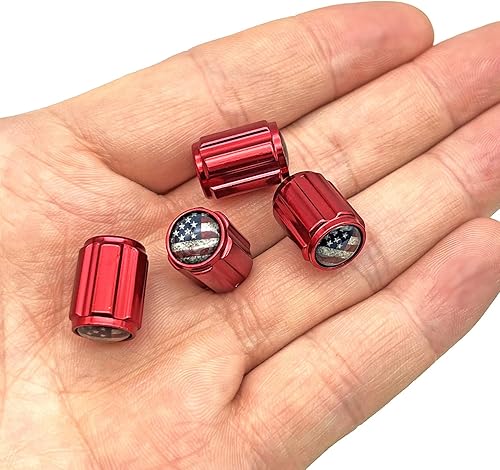 Miniatura 4 de Tapones de válvula rojos de aluminio para neumáticos de automóvil, tapas de vástago de válvula de metal con bandera de Estados Unidos, ajuste