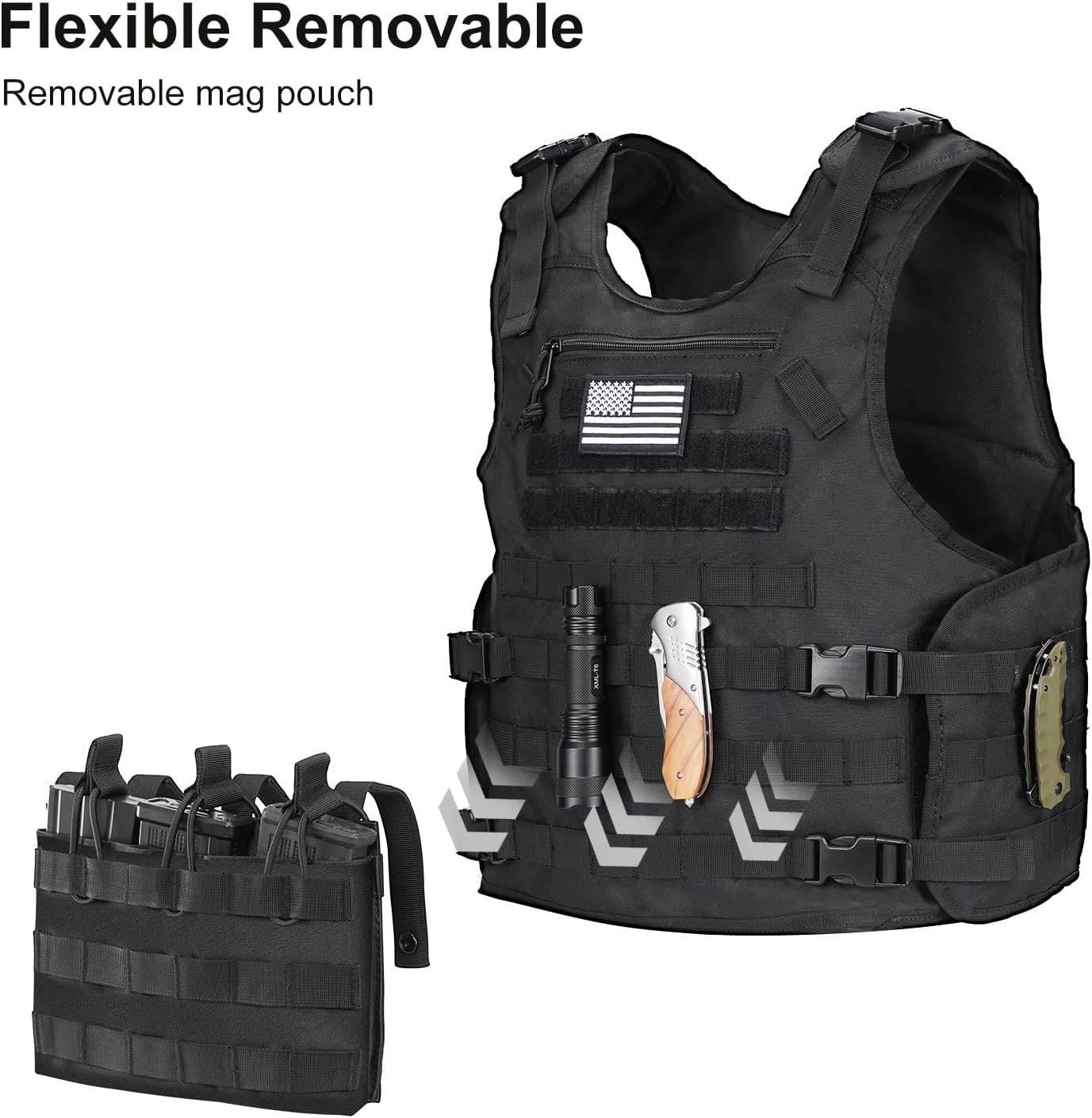 Outdoor Vest with Zipper Bag Adjustable Quick Release Molle Vest with Three Removable Mag Pouches Outdoor Vest Black