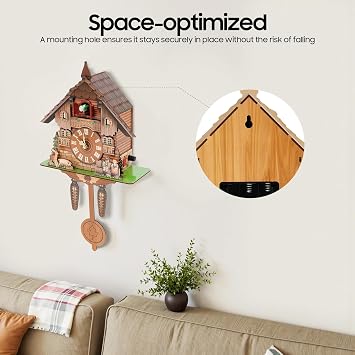 Cuckoo Clock Large 19.69 House-Shaped Wood Clock with Animated Cuckoo Bird & Silent Night Volume, WallClock for Modern Home and Office Decor