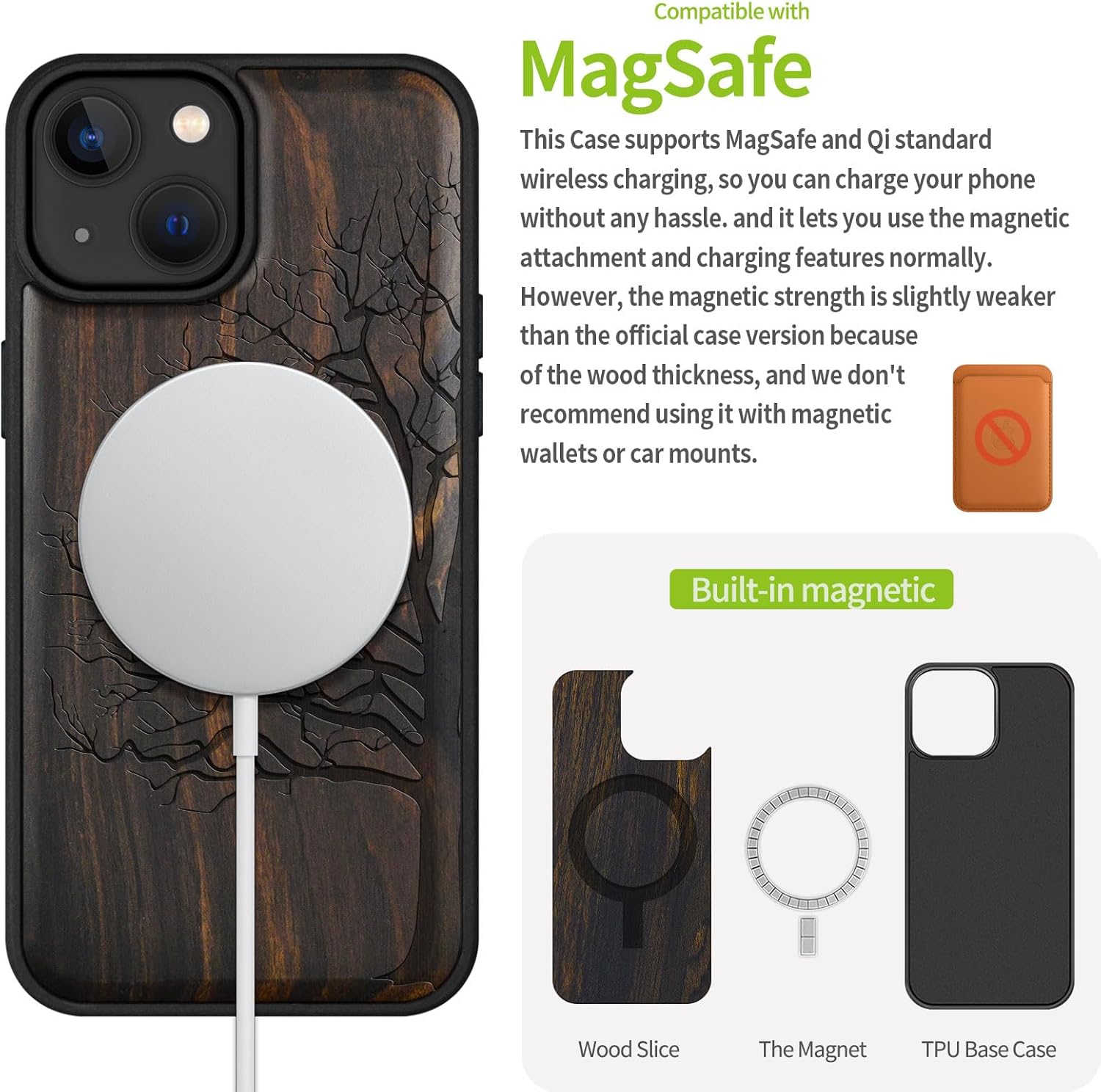 Carveit for iPhone 15 Case Magnetic Wooden Case Black Soft TPU | Compatible with MagSafe Wireless Chargers, Shockproof Cover, Wood Artisan Engraved, Eternal Tree, Blackwood