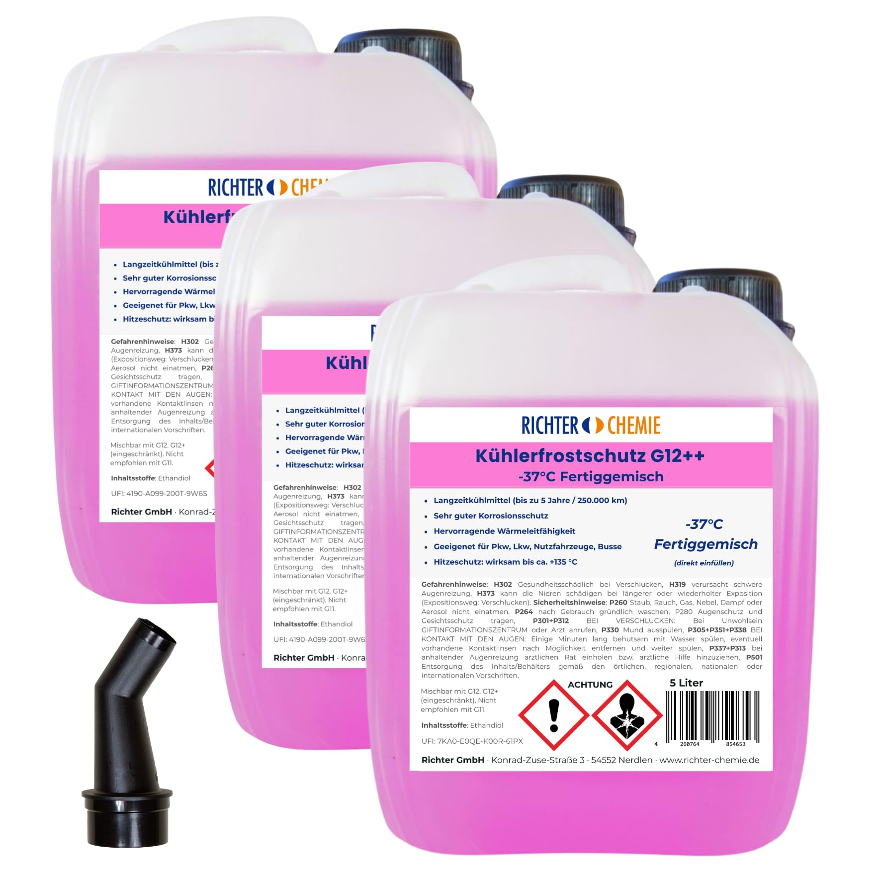 Richter Chemie Kühlerfrostschutz G12++ Fertiggemisch, -37°C, 3 x 5 L, Pink | Langzeitkühlmittel bis 5 Jahre / 250.000 km; Temperaturschutz bis -37°C bis ca. +135°C, Für PKW, LKW, Nutzfahrzeuge, Busse