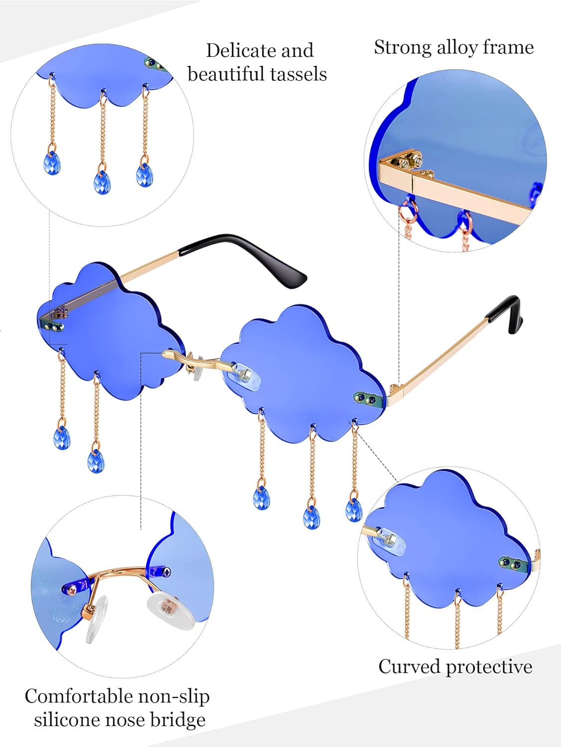Weewooday 4 Pairs Cloud Sunglasses Raindrop Rimless Cute Sunglasses Funny Heart Flame Shaped Disco Glasses for Women Men - Image 5
