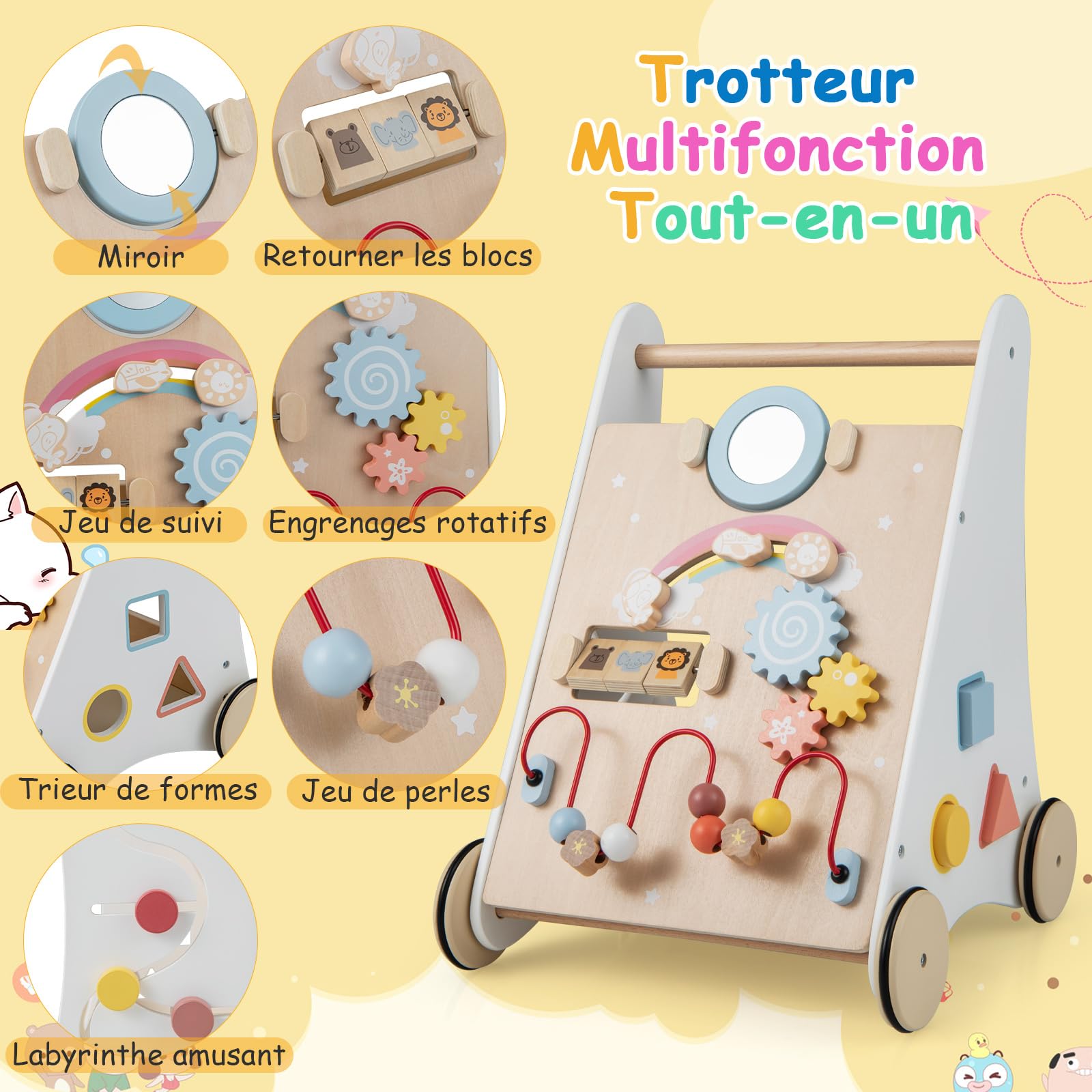 COSTWAY Chariot de Marche Bébé en Bois avec 7 Activités Interactives | Boîte de Rangement Arrière, 4 Roues avec Caoutchouc, 3 Blocs, Jouet Sensoriel, Trotteur Montessori Bébé 12+ Mois