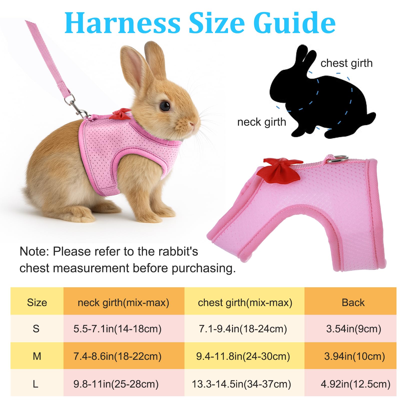 Ensemble harnais et laisse pour lapin - Doux et réglable - Anti-fuite - Avec boucles de sécurité - Pour lapins, chatons, cochons d'Inde, taille S