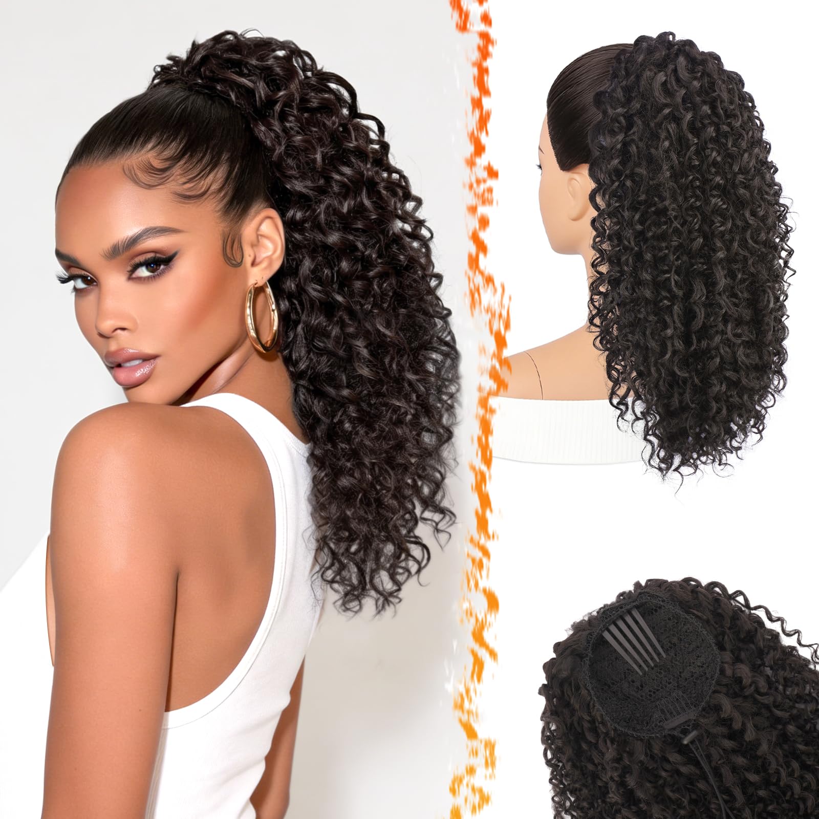 BARSDAR Marron Foncé Queue de Cheval Extension, Bouclée Queue de Cheval avec Cordon Pure Protein Fibre 45cm Bohemian Ondulée Bouclée Peigne Clip in Ponytail Postiche D'aspect Naturel Doux Léger Fêtes