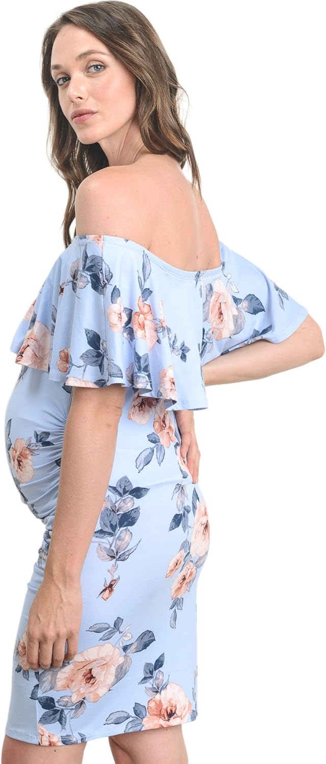 Hello MIZ Women's Floral Ruffle Off Shoulder Maternity Dress - Made in USA - Image 2