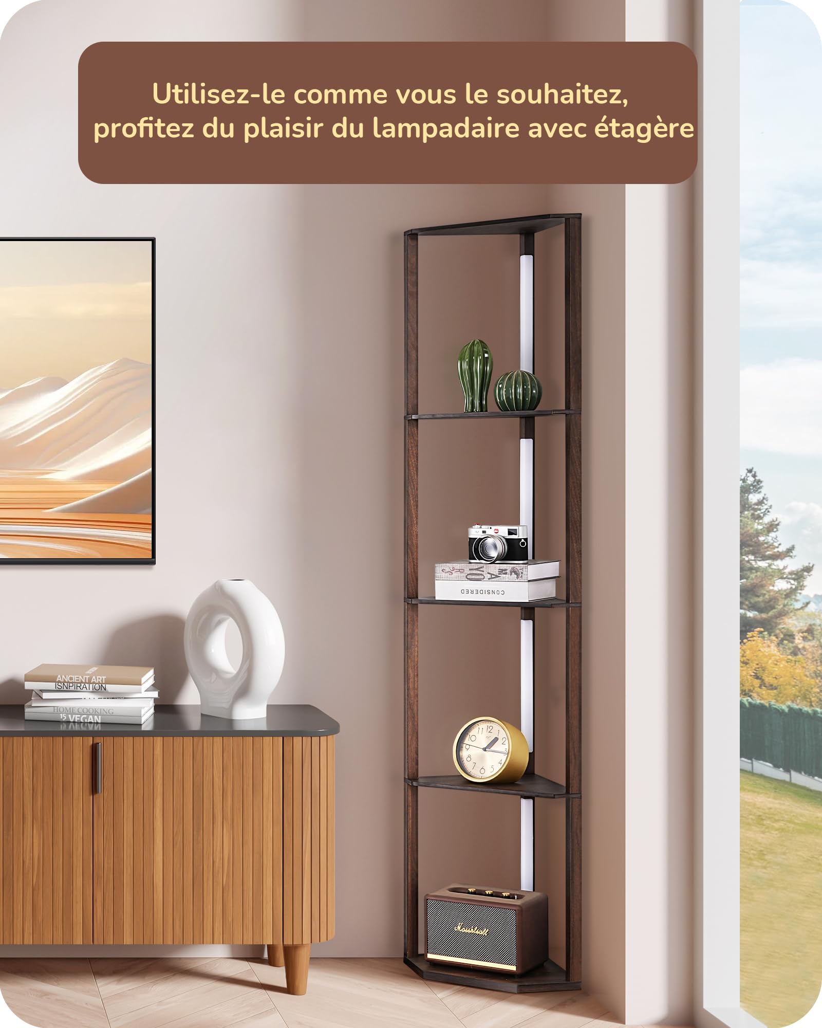 EDISHINE Lampadaire sur Pied Salon avec Étagères, Dimmable en Continu, 3 Températures de Couleur, Interrupteur a Pédale, Étagère d'Angle avec Lampe LED pour Salon, Chambre, Bureau, Noyer Foncé