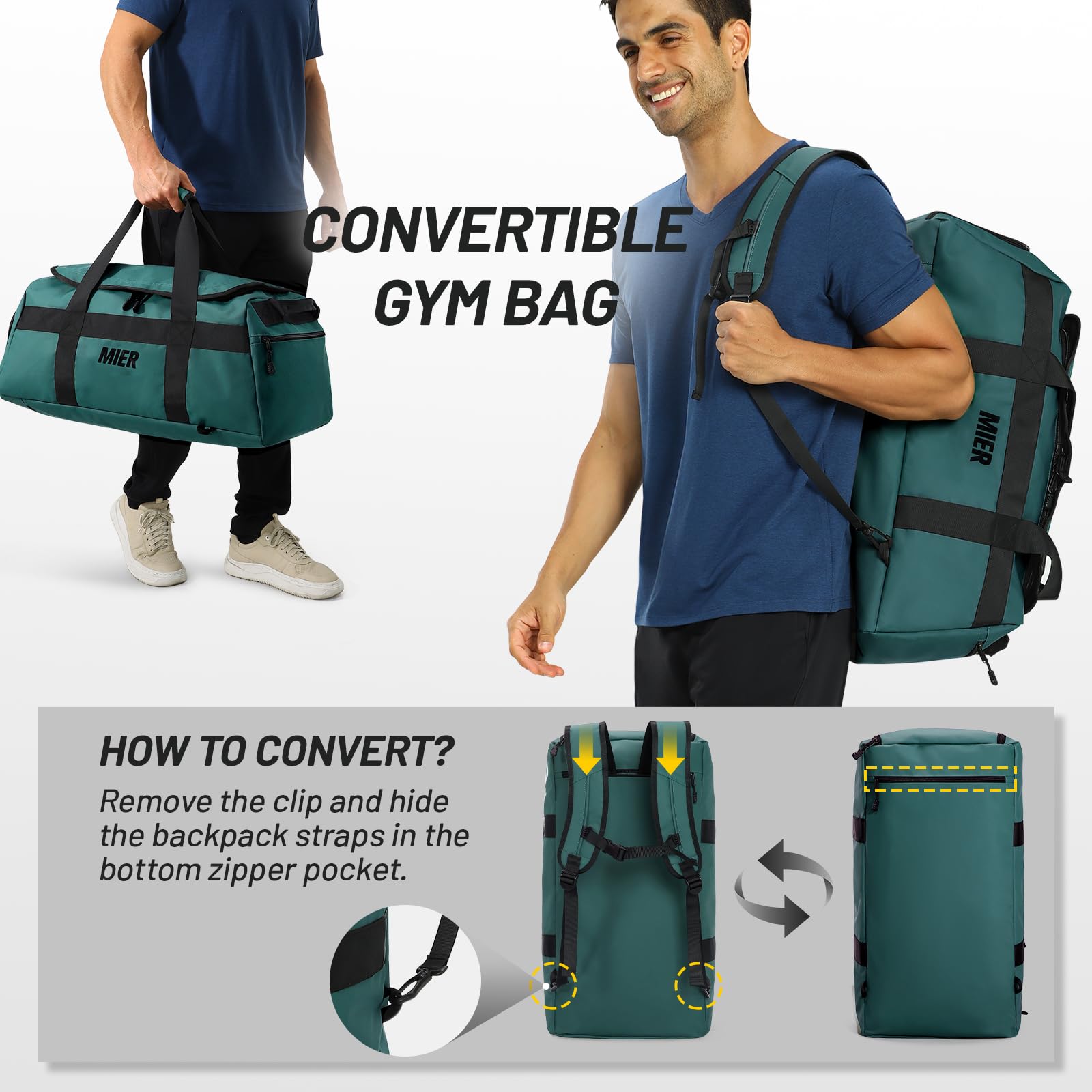 MIER Sporttasche für Herren, großer Seesack mit Schuhfach, 60 l, wandelbare Reisetasche, Wochenendtasche, Übernachtungstasche, für Fitnessstudio, Sport, Reisen, Dunkles Türkis, Casual