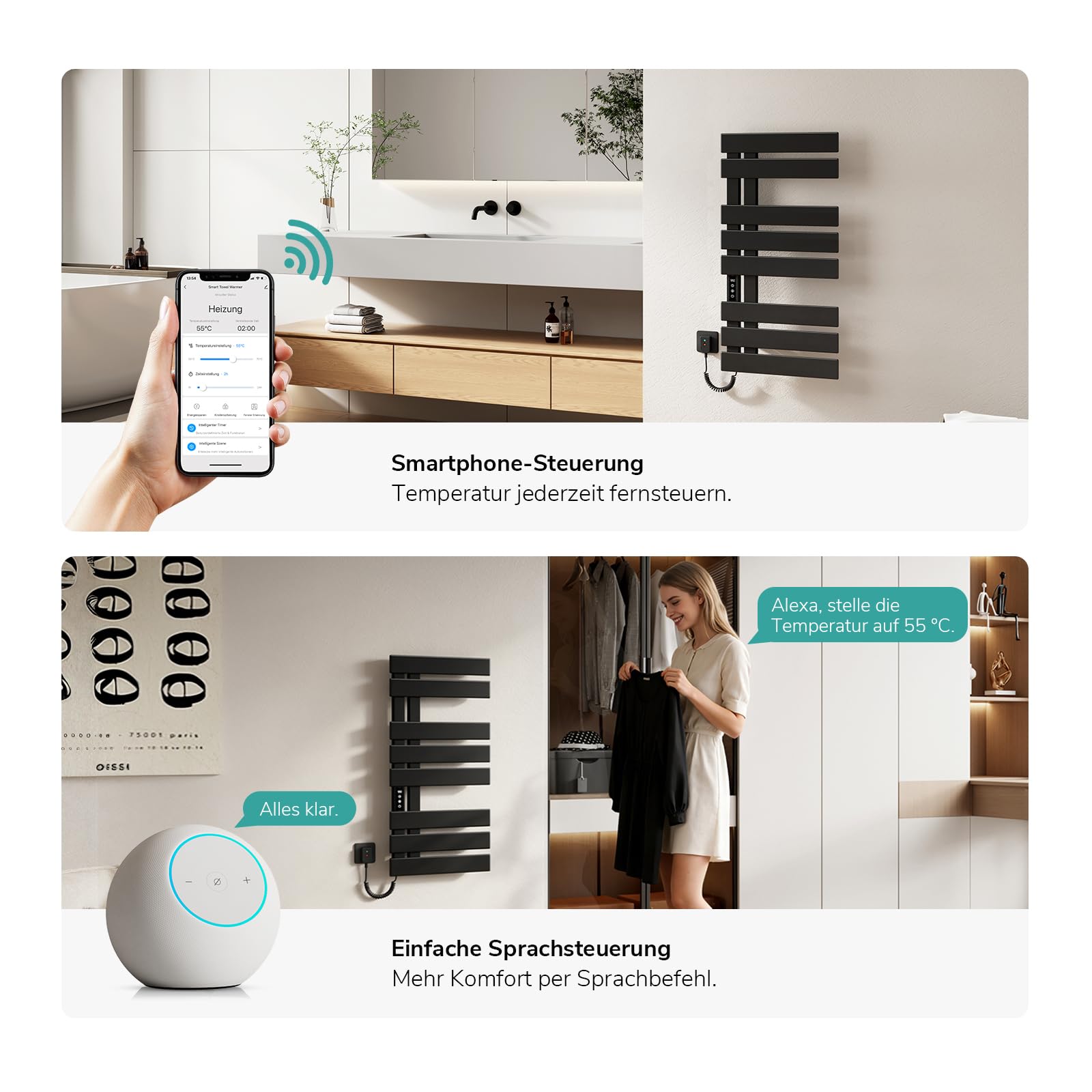 EMKE Elektrischer Badheizkörper 850x400 mm, Intelligenter Handtuchheizkörper mit WiFi-App-Steuerung, Timer & Thermostat, Handtuchwärmer zur Wandmontage, 230 Watt, IP45, Schwarz