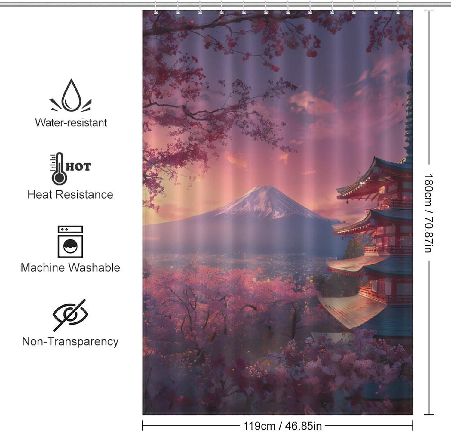 Japan Chureito Pagoda Mt Fuji Shower Curtain 46.85x70.87Inch（119x180cm） Polyester Bath Curtain Shower Curtains Printed Decorative