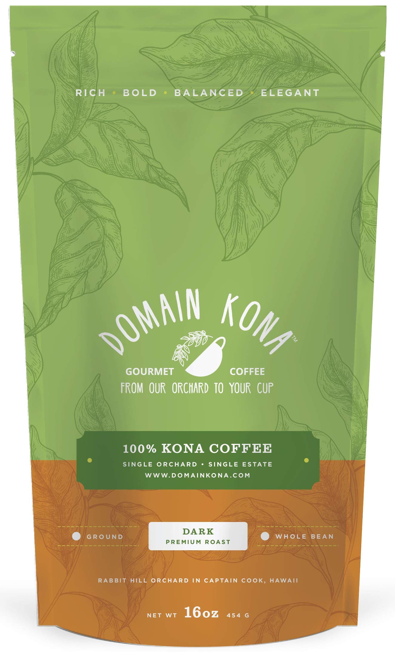 100% Kona Coffee – GROUND, Dark roast, Single estate gourmet coffee, 16 ounces, Ships direct from Domain Kona, farm fresh