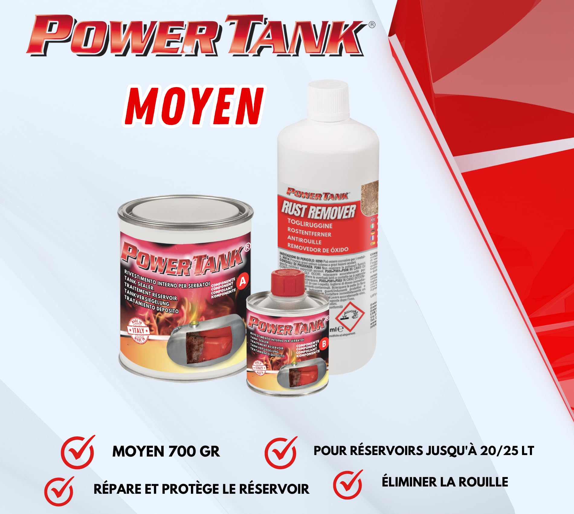 POWER TANK - Traitement de Réservoir Innovant - pour Réparer, Régénérer et Protéger Les Réservoirs - (Kit Medium Rouge 700 GR) - Automobile, Moto, Scooter, Véhicules Vintage, Céramique