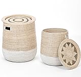 Stapelbar Körbe-Set Grosser Korb mit Deckel Wäschekorb Gewebter Körbe Badezimmer Aufbewahrung Kinder Vietnam Seegrass Handgeflochten Für Wäsche oder Spielzeug(H: 52cm/43cm, Ø: 46cm/37cm) 2 Stück - mit Deckel