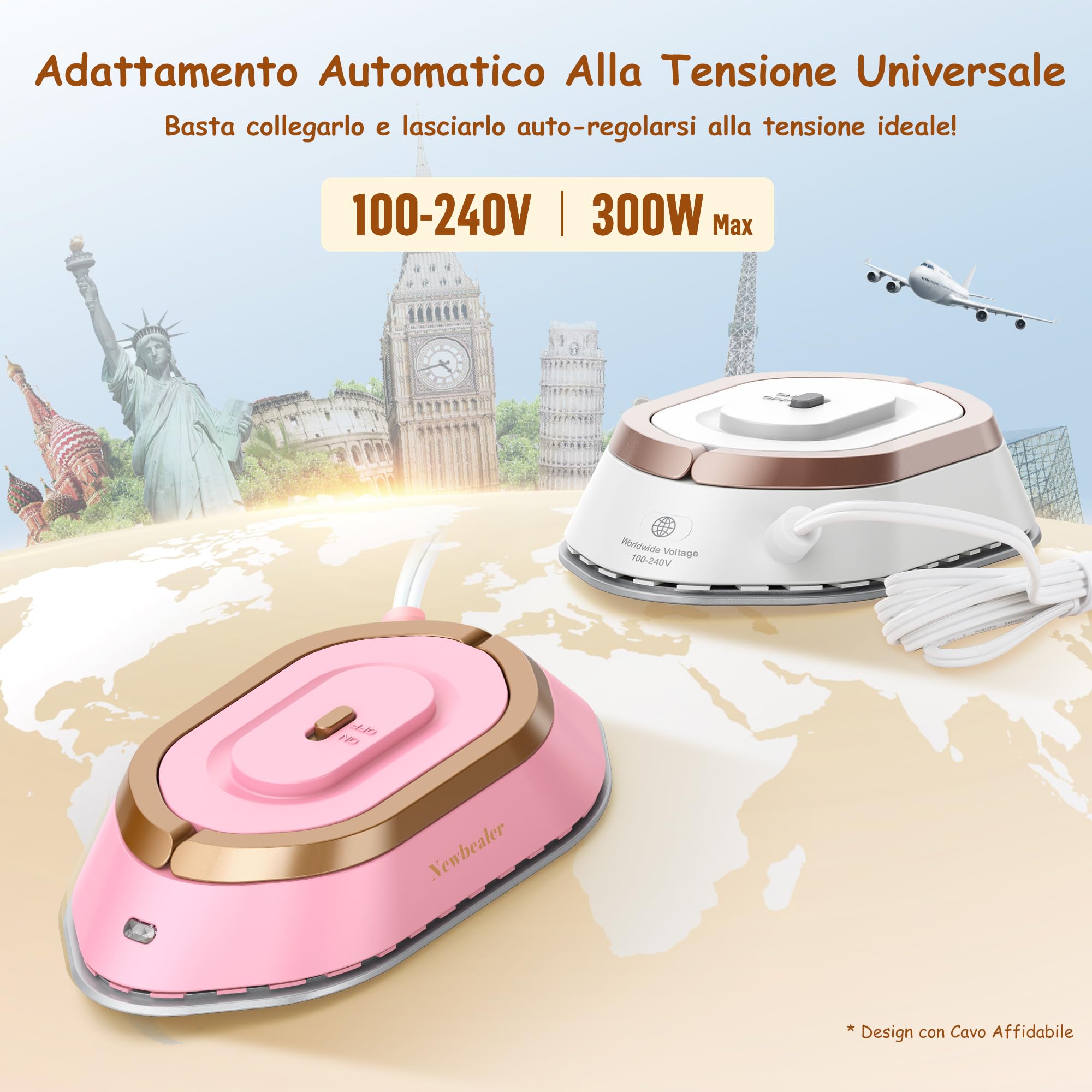 Newbealer Ferro da Stiro da Viaggio, Ferro da Viaggio Mini Portatile Leggera Compatto senza Vapore, Stirare i Vestiti, Tensione Universale 100-240V, Oro